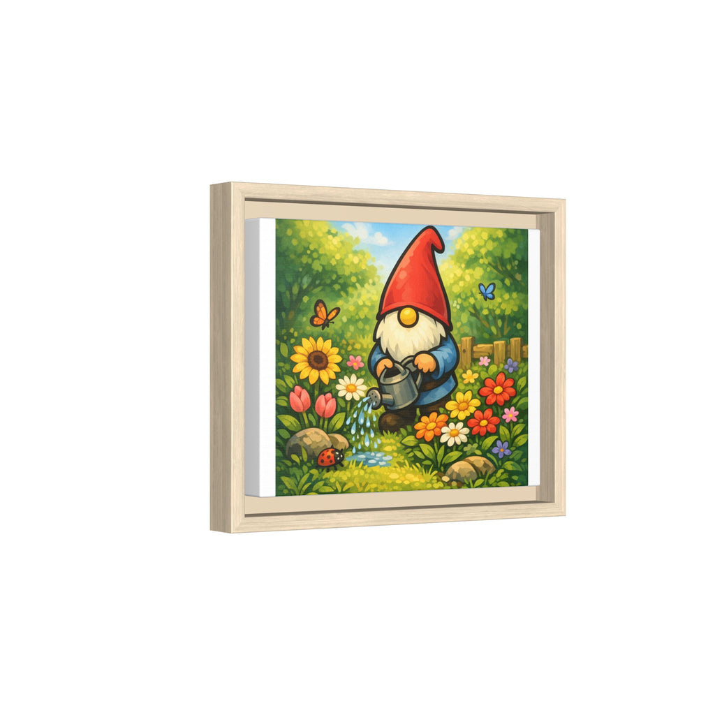 Gnome Watering Flowers Garden Matte Canvas Print (Framed) — Colorful Spring Wall Art