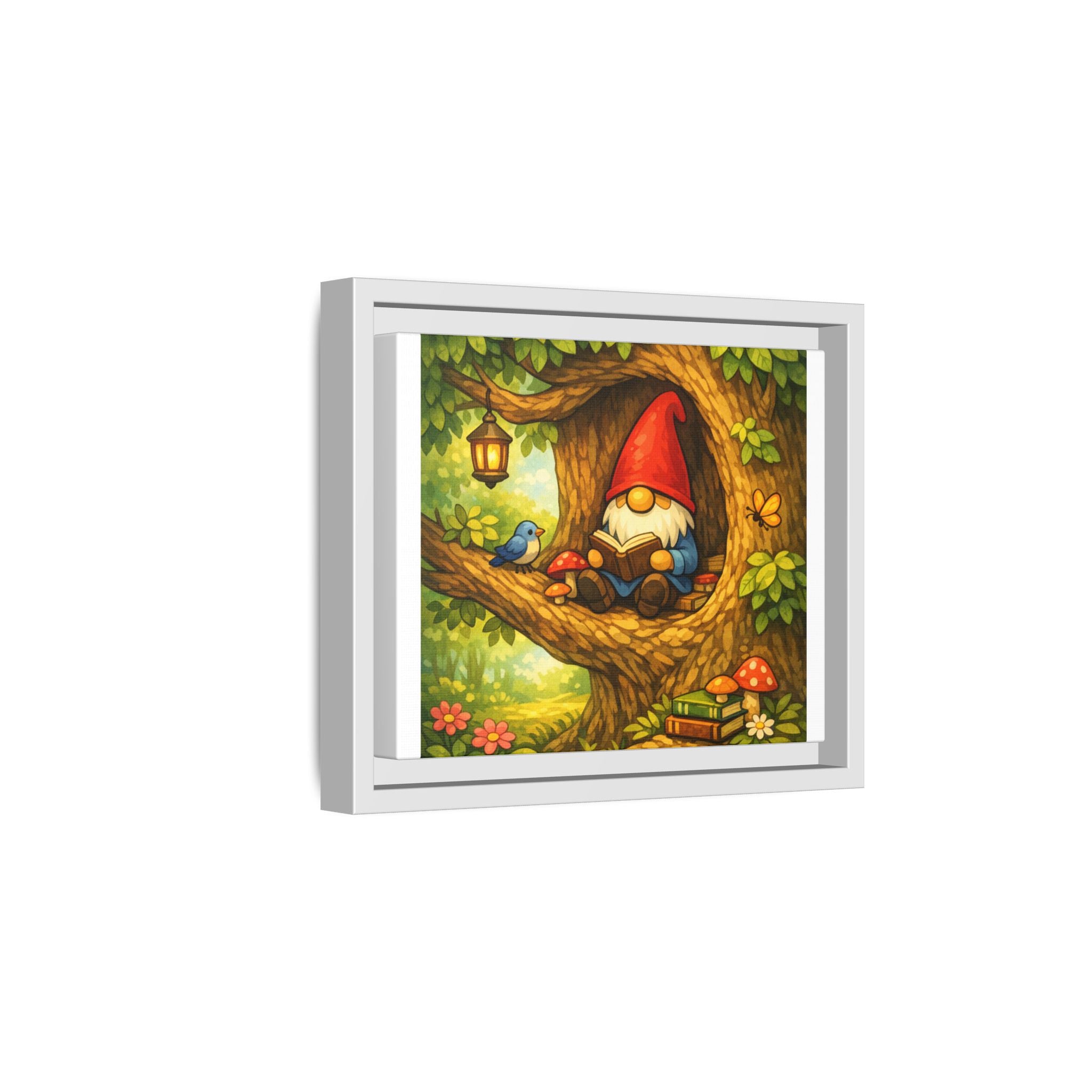 Cute Gnome Boy reading in Tree - Matte Canvas Framed Art — Back to School Teacher Gift