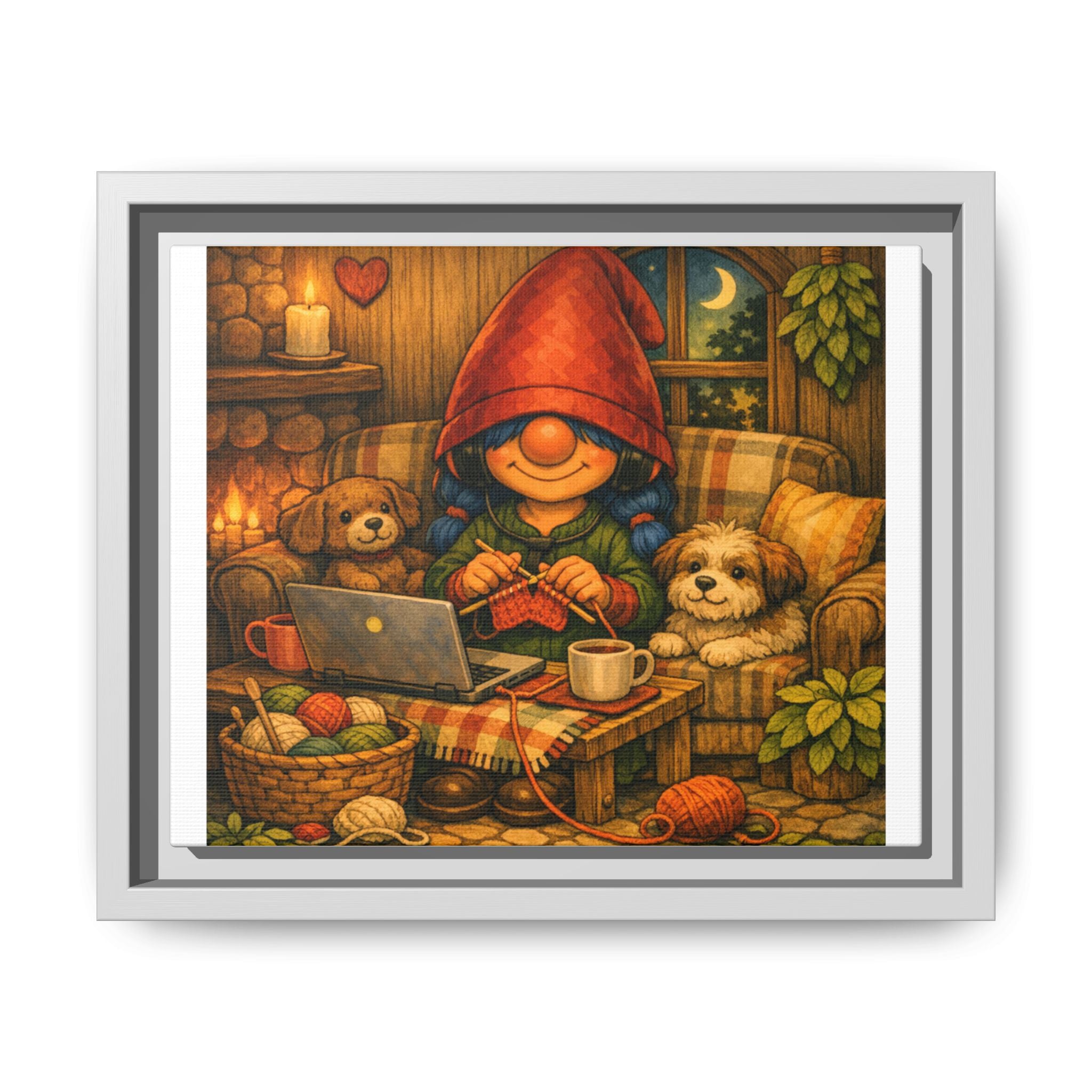 Cozy Girl with Blue Hair Gnome Knitting Night Matte Canvas Print (Framed)