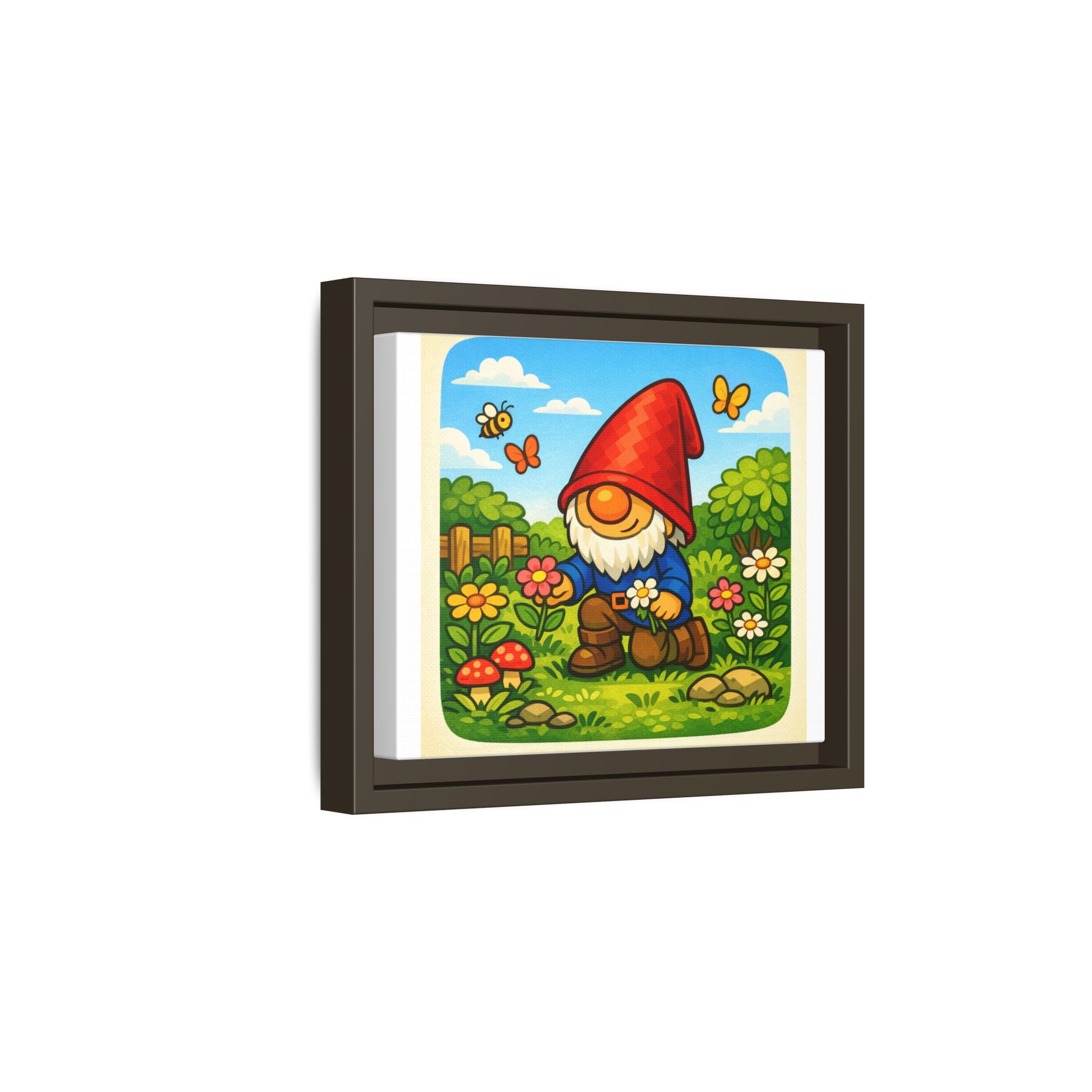 Framed Gnome Boy Garden picking Flowers Matte Canvas Print — Whimsical Woodland Wall Art