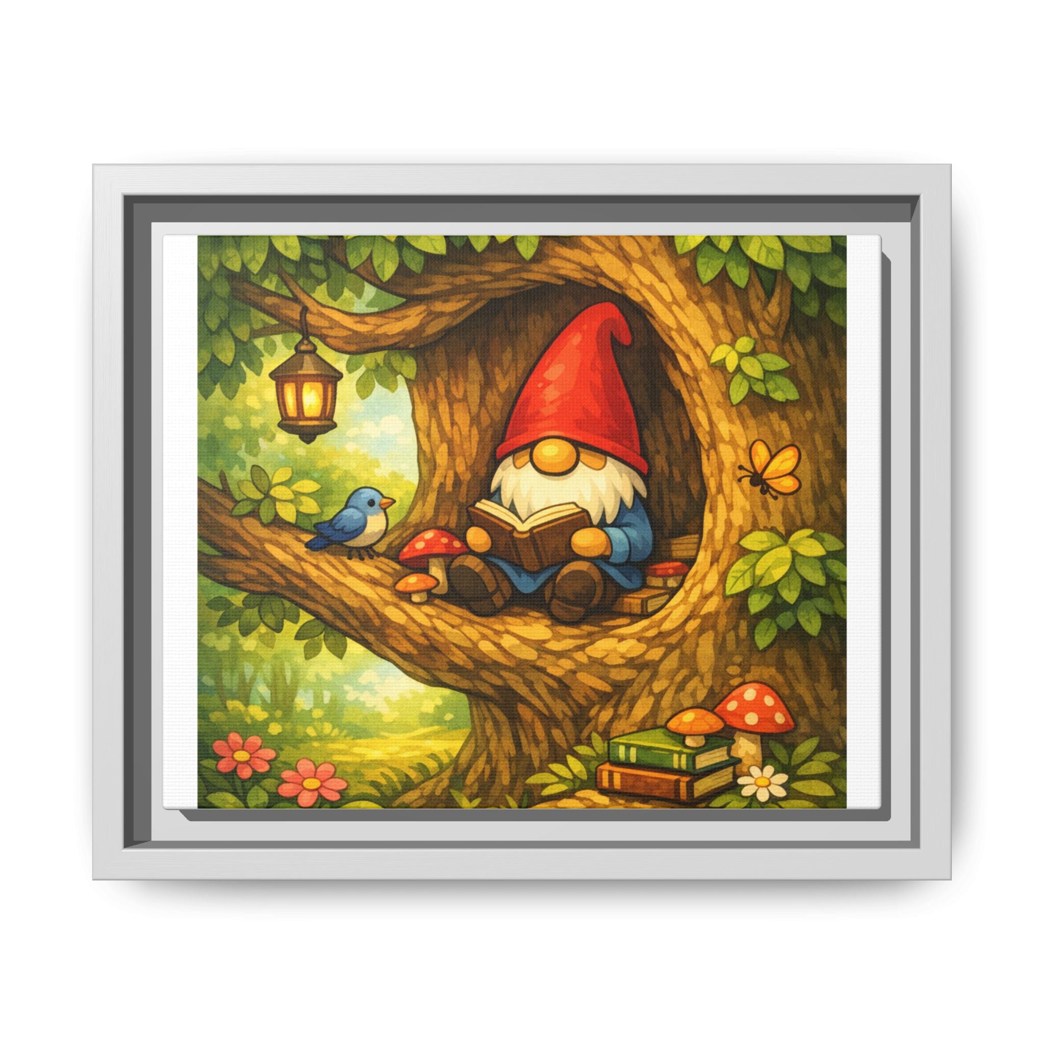 Cute Gnome Boy reading in Tree - Matte Canvas Framed Art — Back to School Teacher Gift