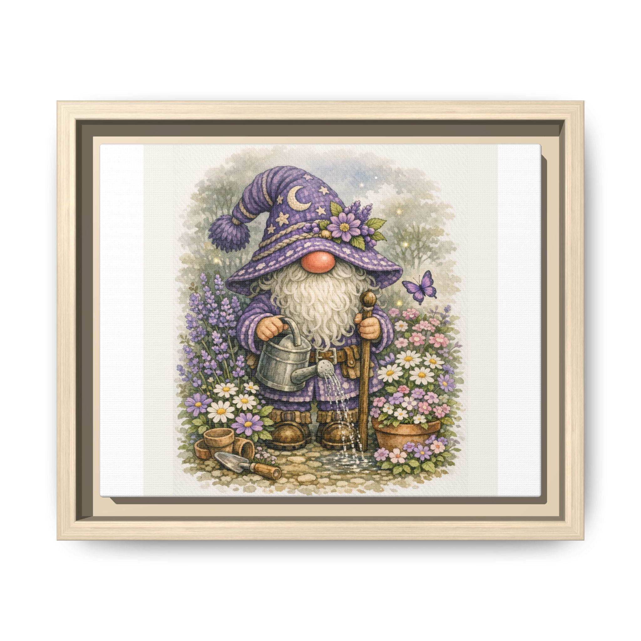 Gnome Garden Framed Canvas Art — High Hat Whimsical Purple Gardener Print