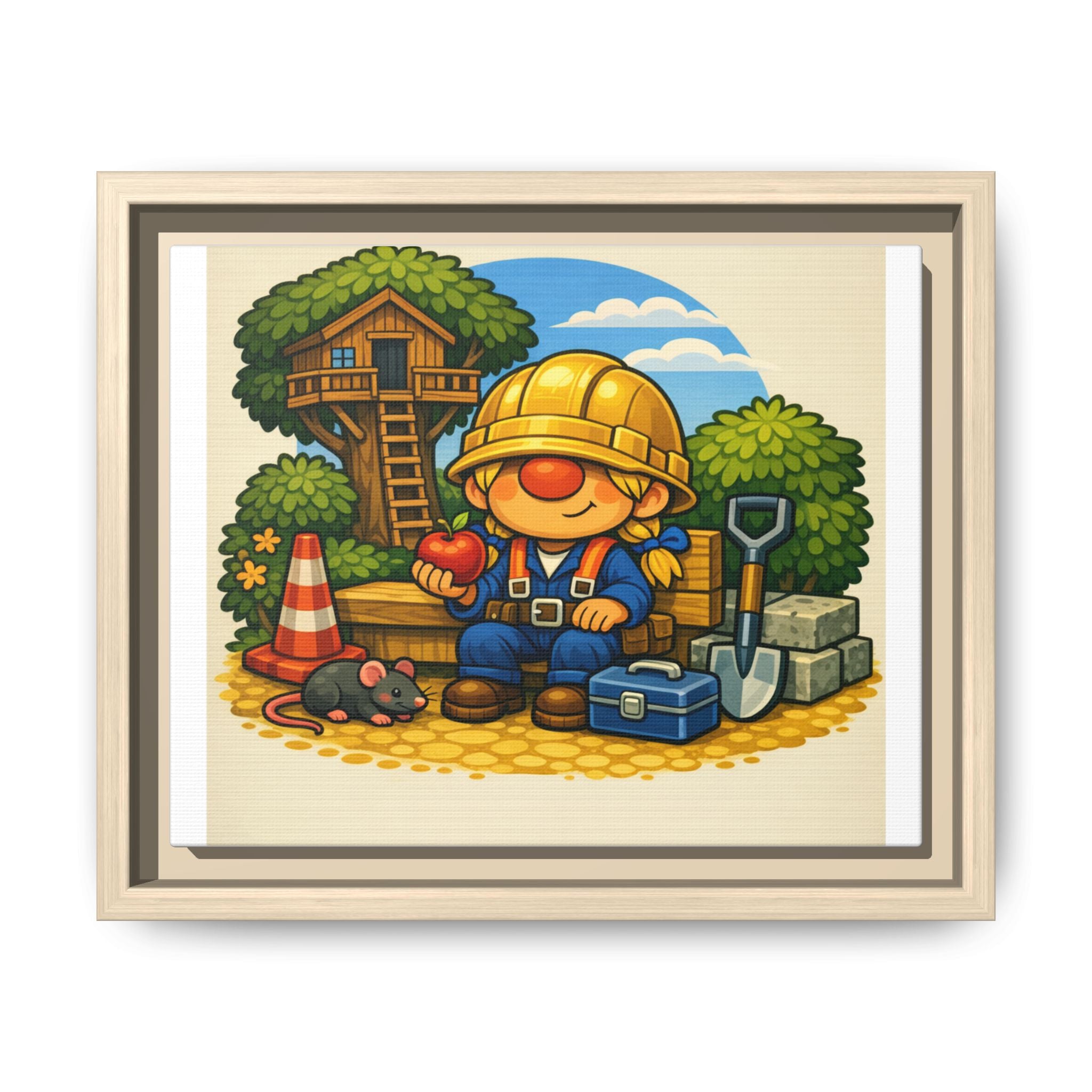 Gnome Girl Construction Worker Framed Art Print — Cute Builder Treehouse Matte Canvas
