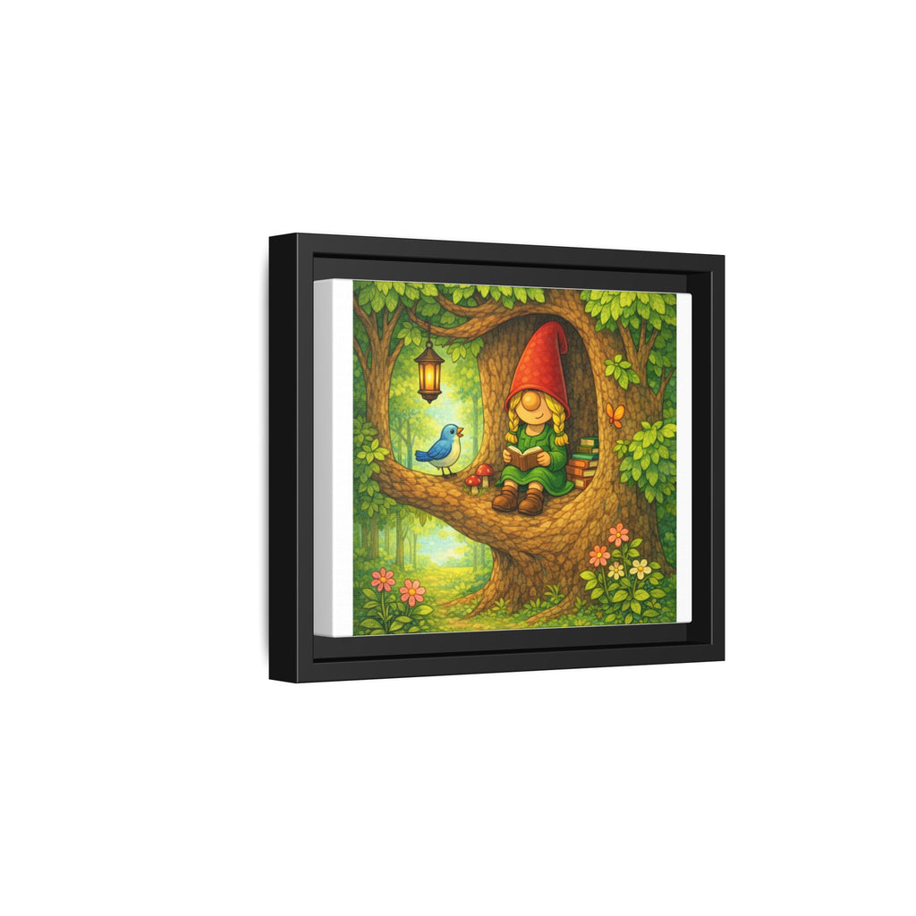 Whimsical Gnome Girl Reading in Tree Matte Canvas Print — Framed Forest Wall Art