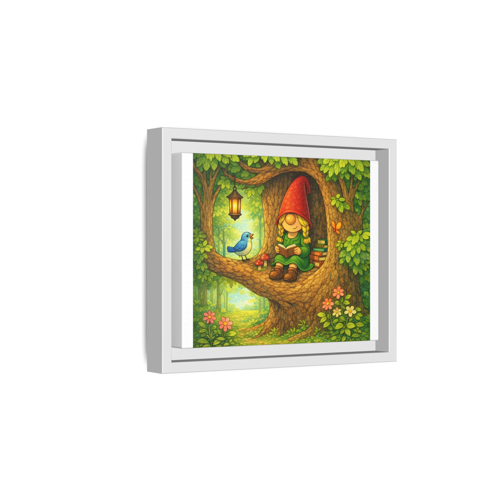 Whimsical Gnome Girl Reading in Tree Matte Canvas Print — Framed Forest Wall Art