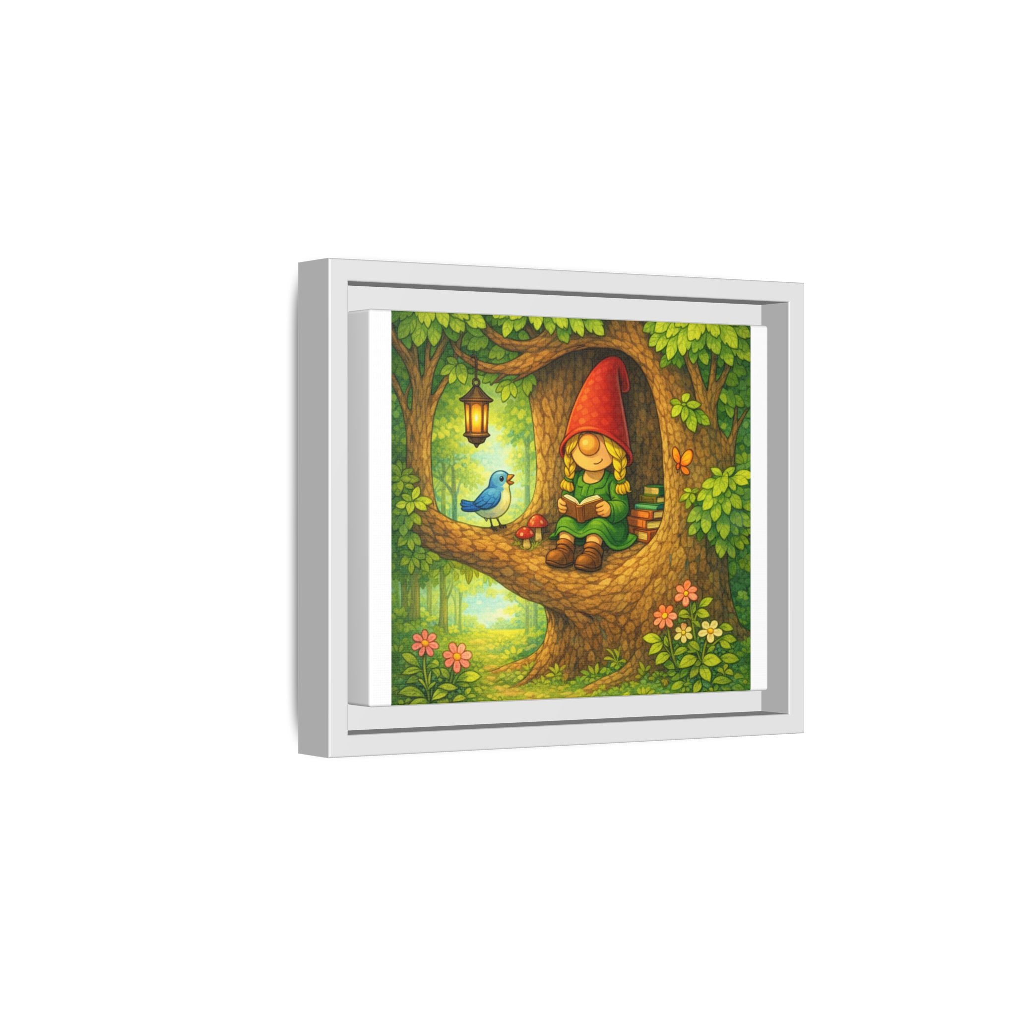 Whimsical Gnome Girl Reading in Tree Matte Canvas Print — Framed Forest Wall Art