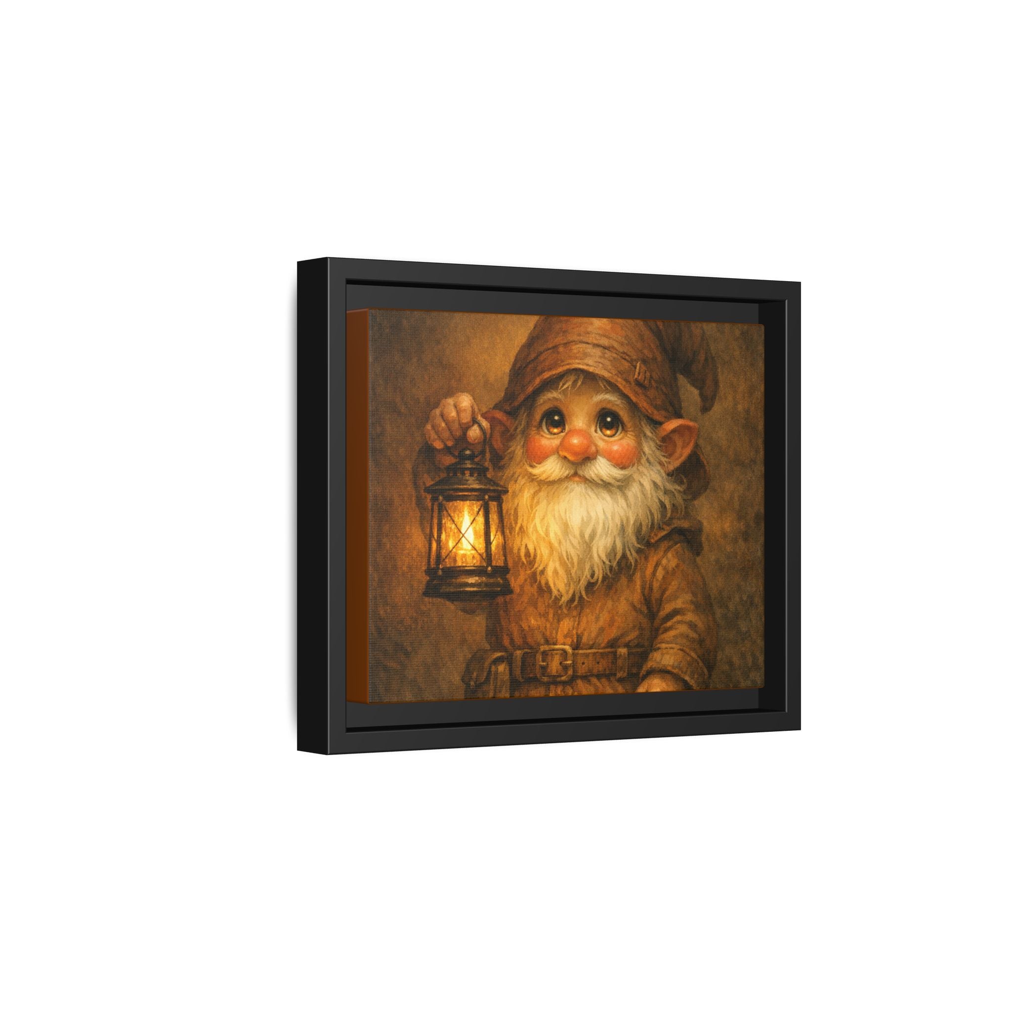 Bright eyes Gnome Lantern Framed Canvas Art — Whimsical Cozy Nursery Wall Decor