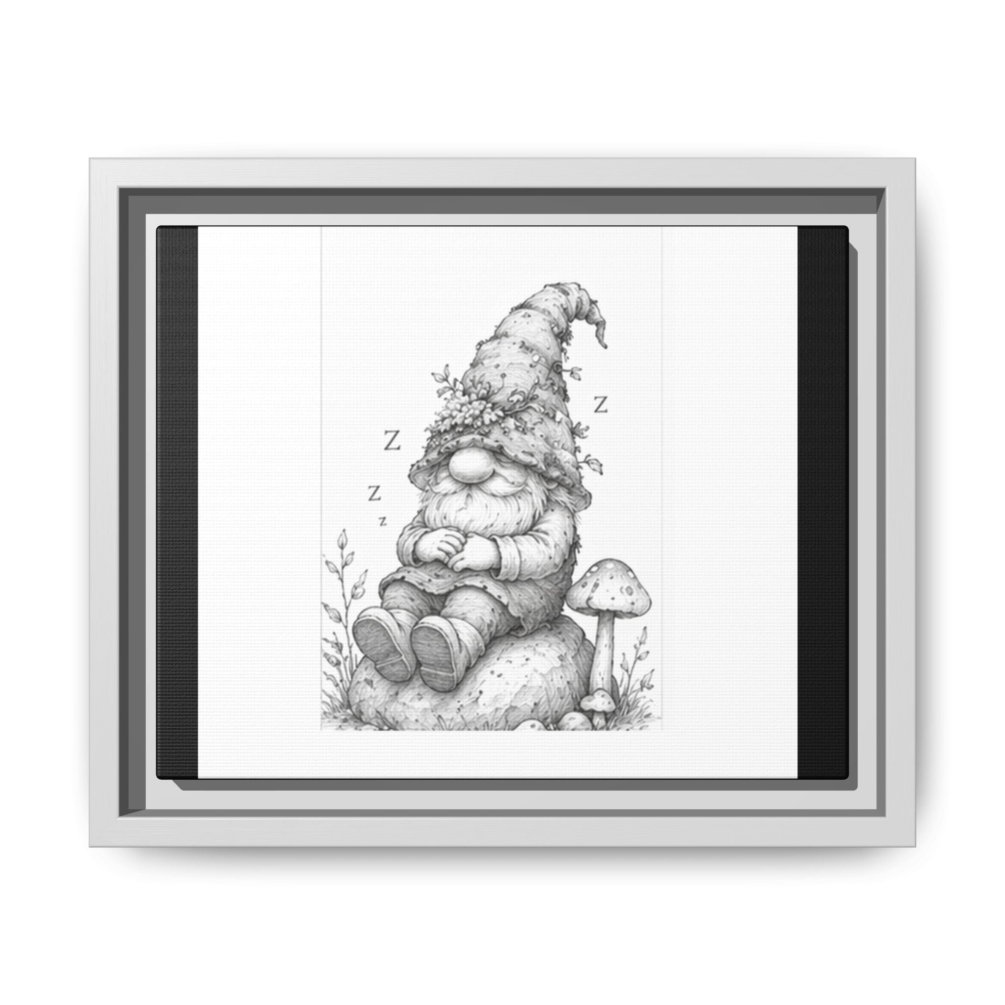 Sleepy Gnome Pencil Matte Canvas Framed Art — Woodland Nursery Wall Decor - Moss