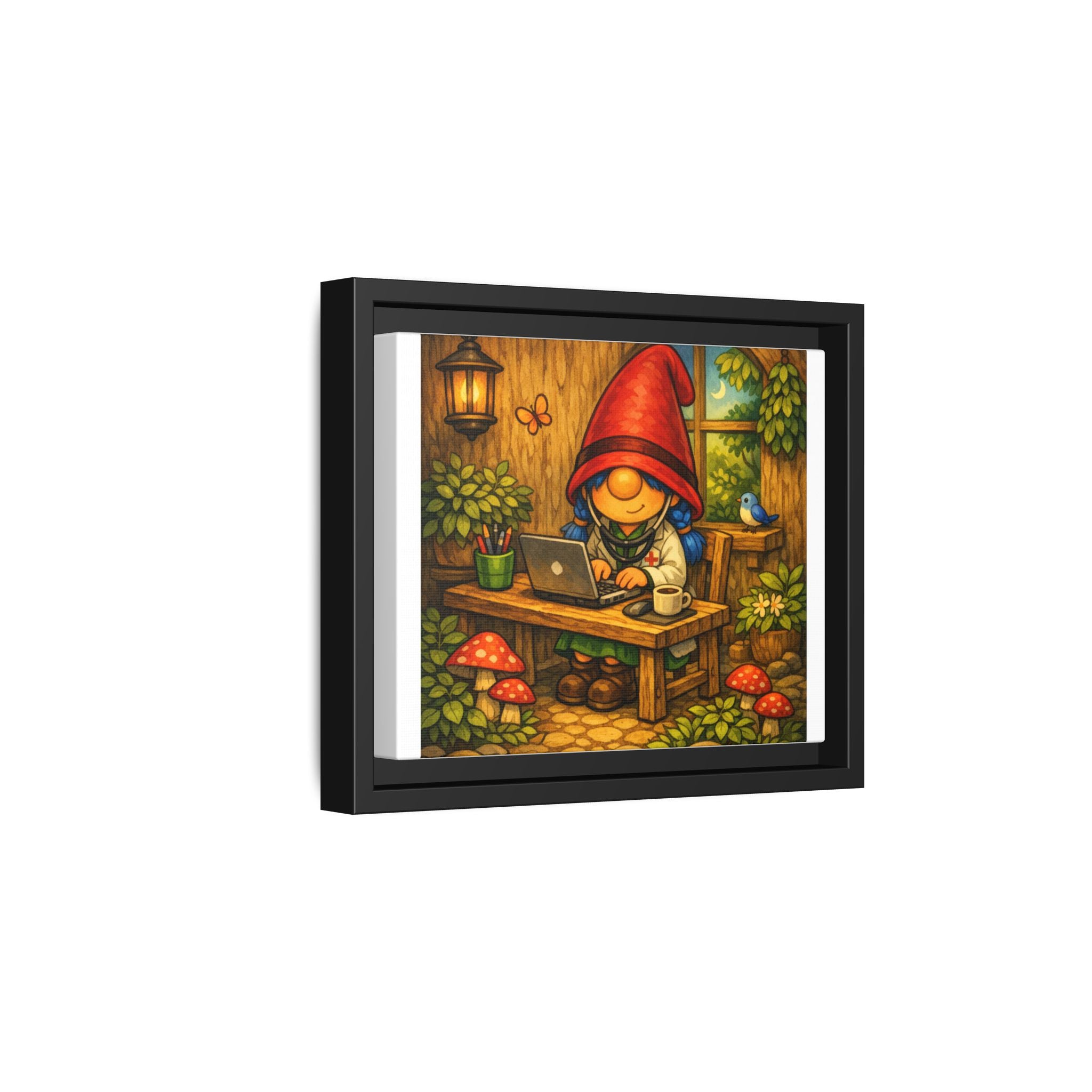 Gnome Girl Doctor at Work Framed Matte Canvas — Cozy Woodland Office Art Print