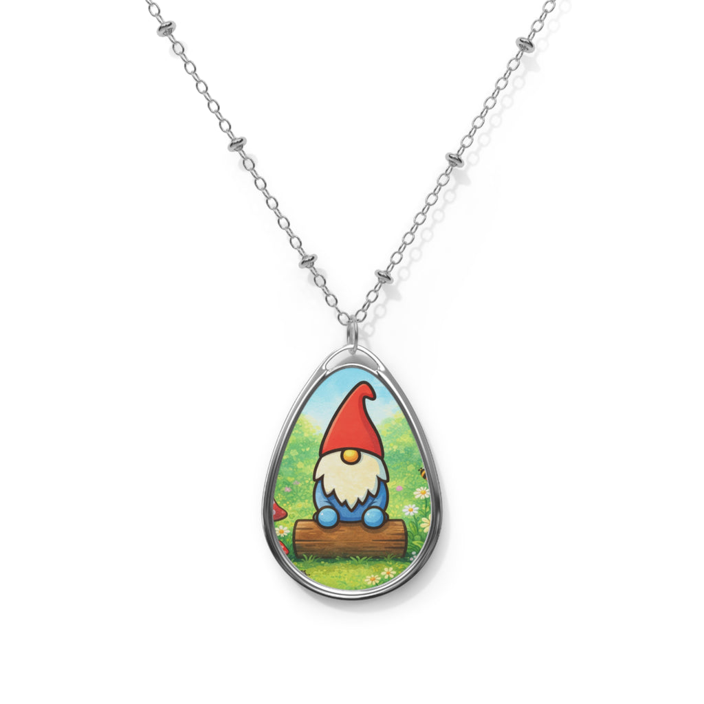 Gnome Oval Necklace — Cute Garden Gnome Pendant Jewelry