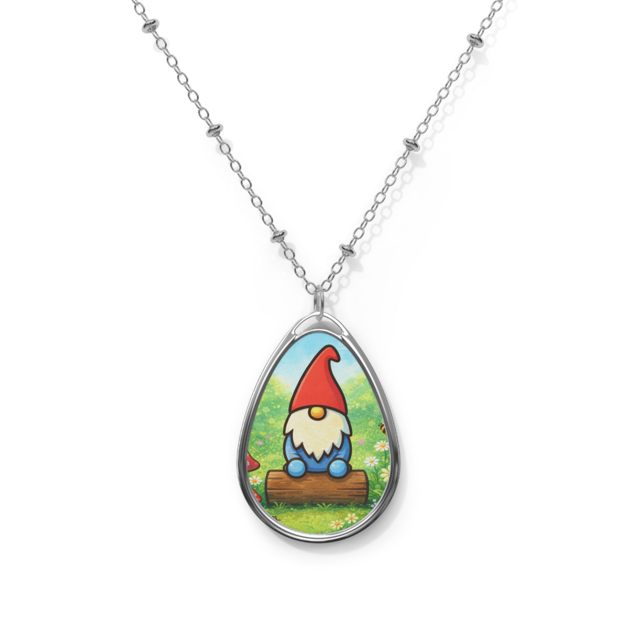 Gnome Oval Necklace — Cute Garden Gnome Pendant Jewelry
