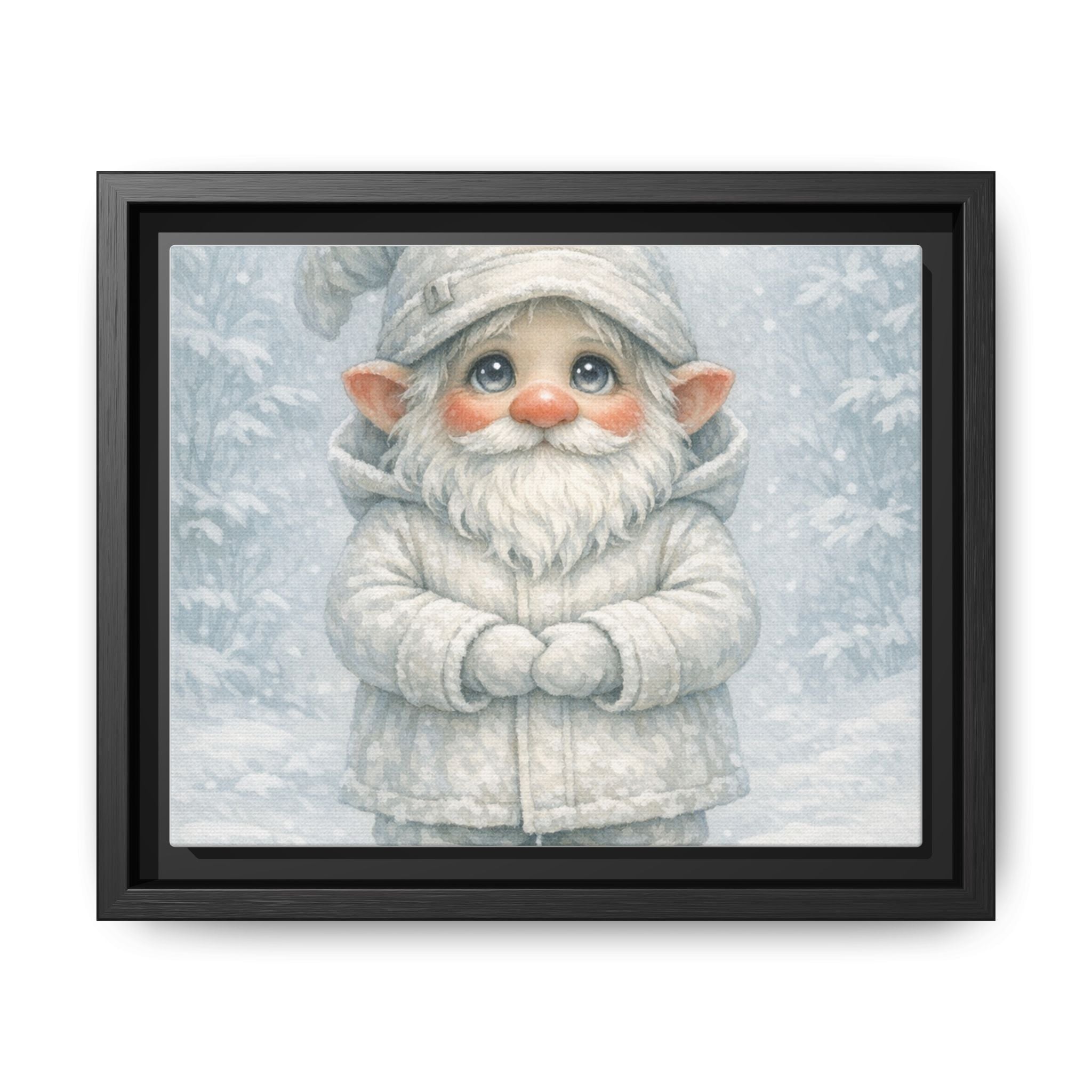 Bright Eyes Framed Winter Gnome Canvas Print — Cute Snowy Nursery Wall Art