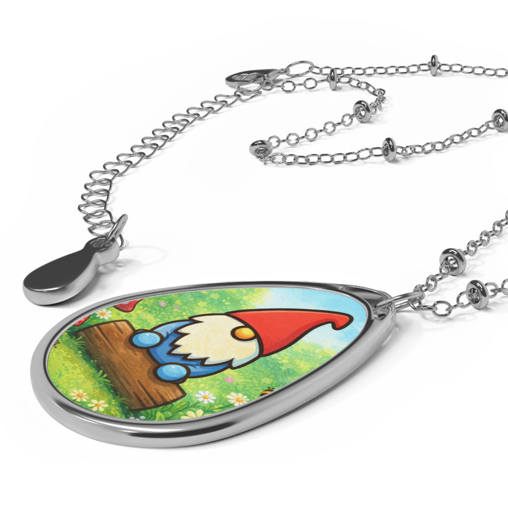 Gnome Oval Necklace — Cute Garden Gnome Pendant Jewelry