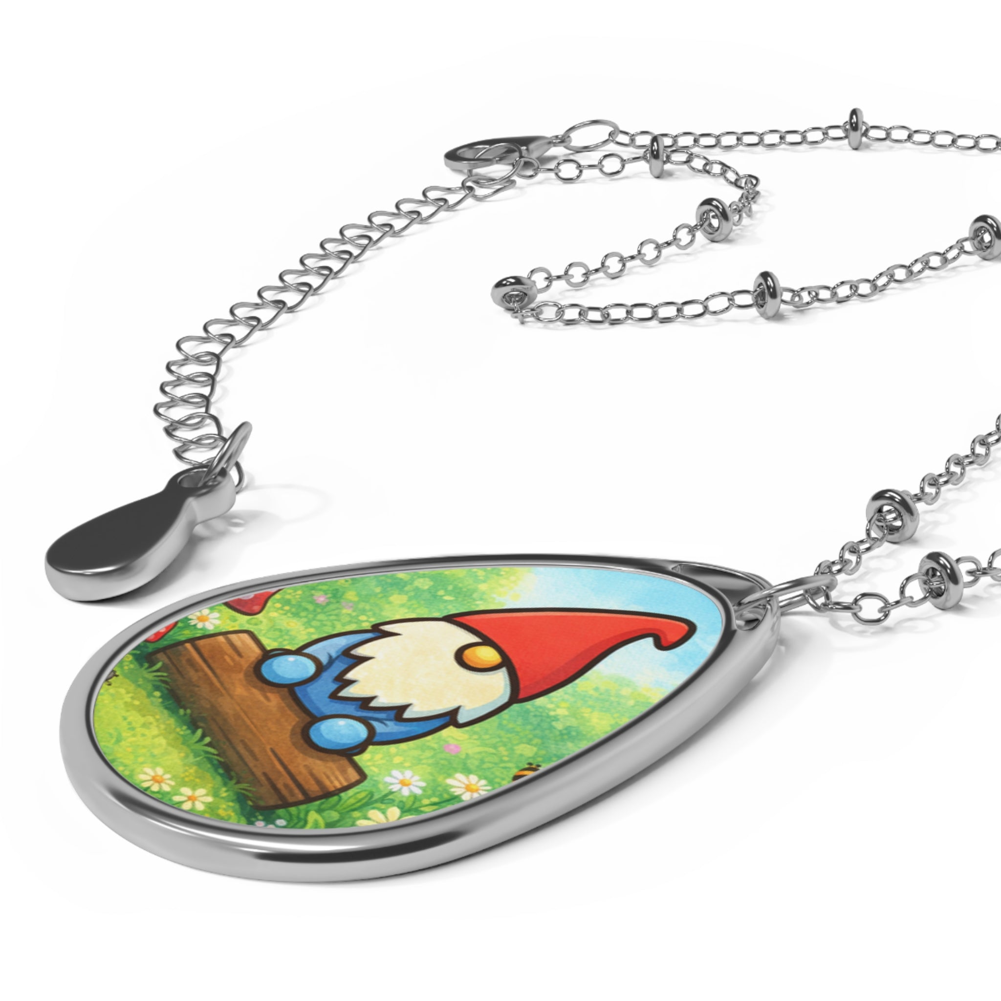 Gnome Oval Necklace — Cute Garden Gnome Pendant Jewelry