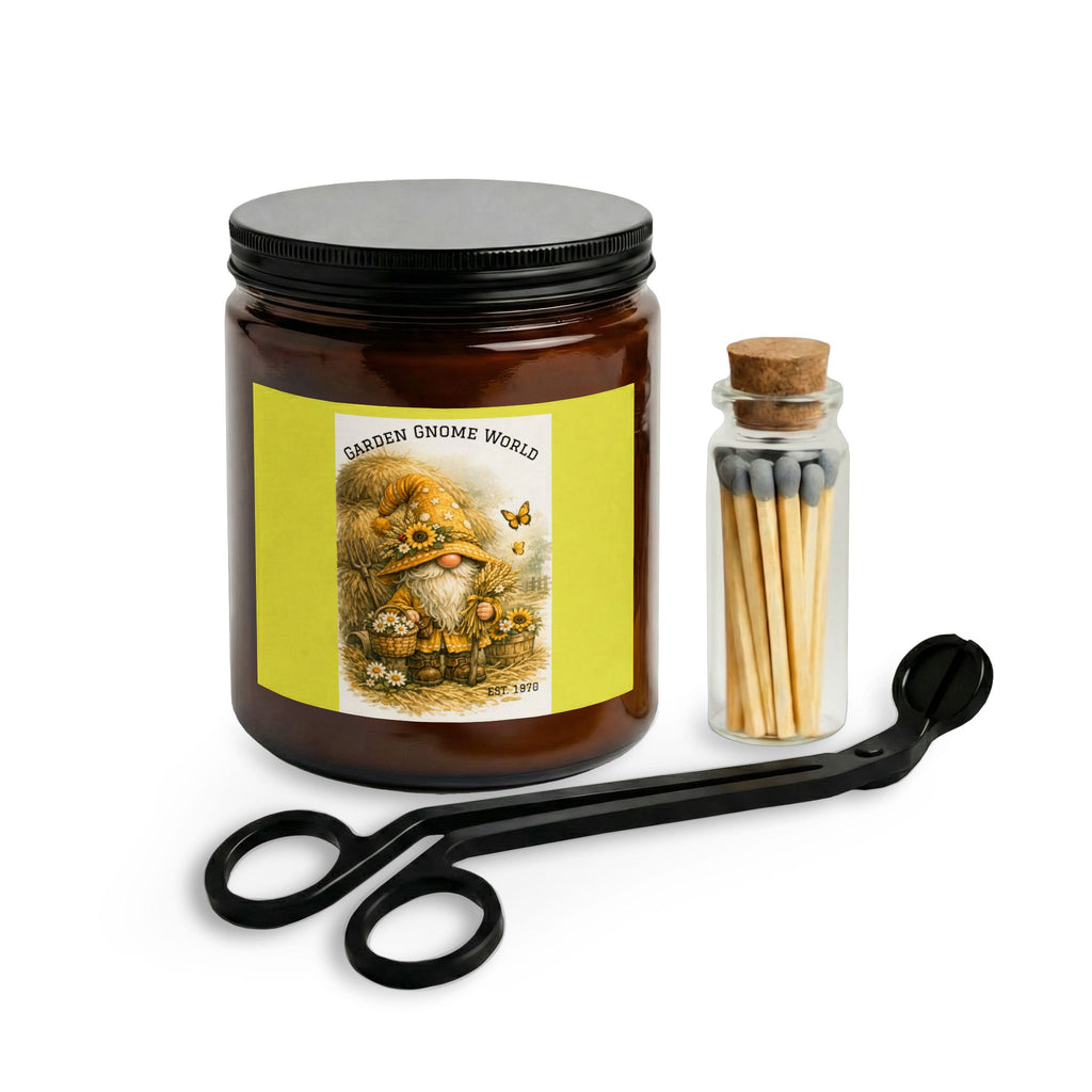 High Hat Yellow Garden Gnome Candle Gift Set — Soy Jar Candle with Matches & Wick Trimmer
