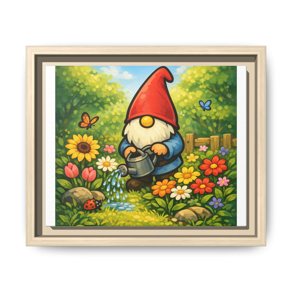Gnome Watering Flowers Garden Matte Canvas Print (Framed) — Colorful Spring Wall Art