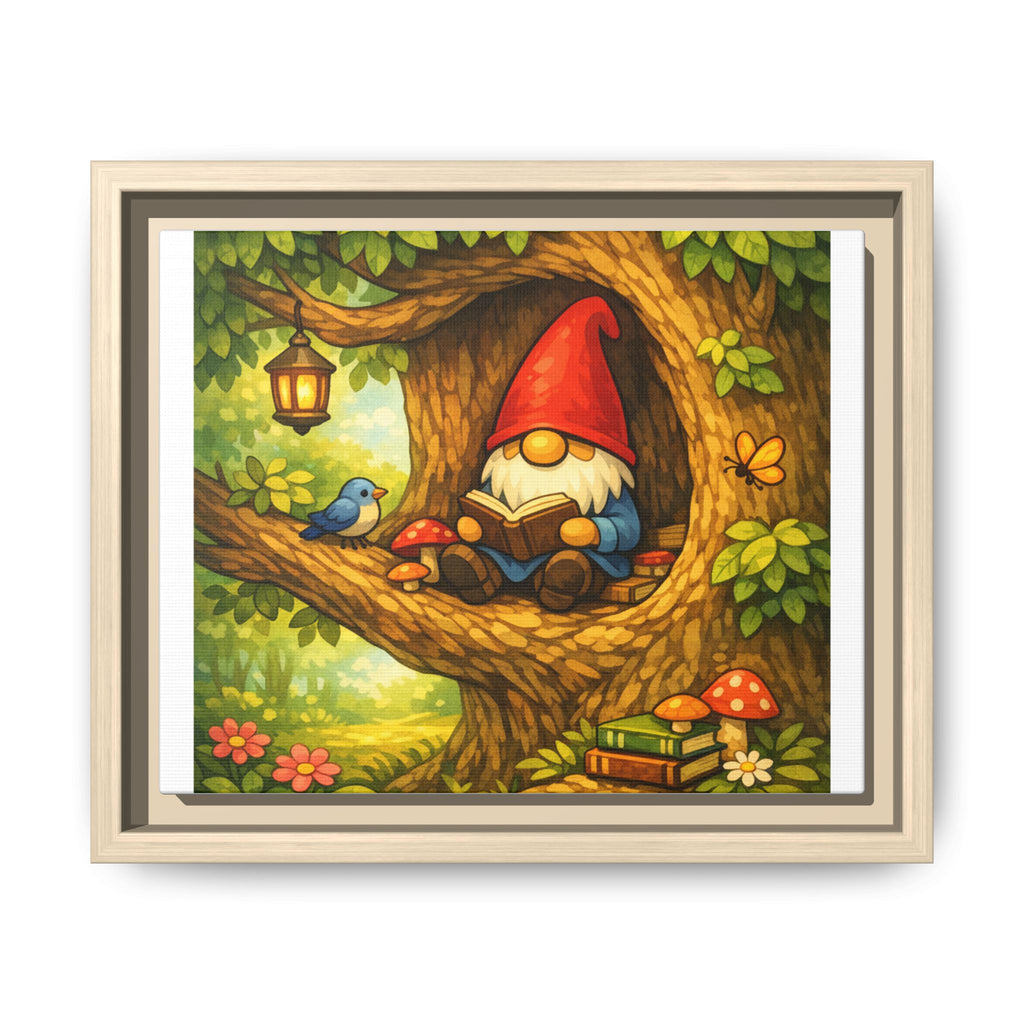 Cute Gnome Boy reading in Tree - Matte Canvas Framed Art — Back to School Teacher Gift