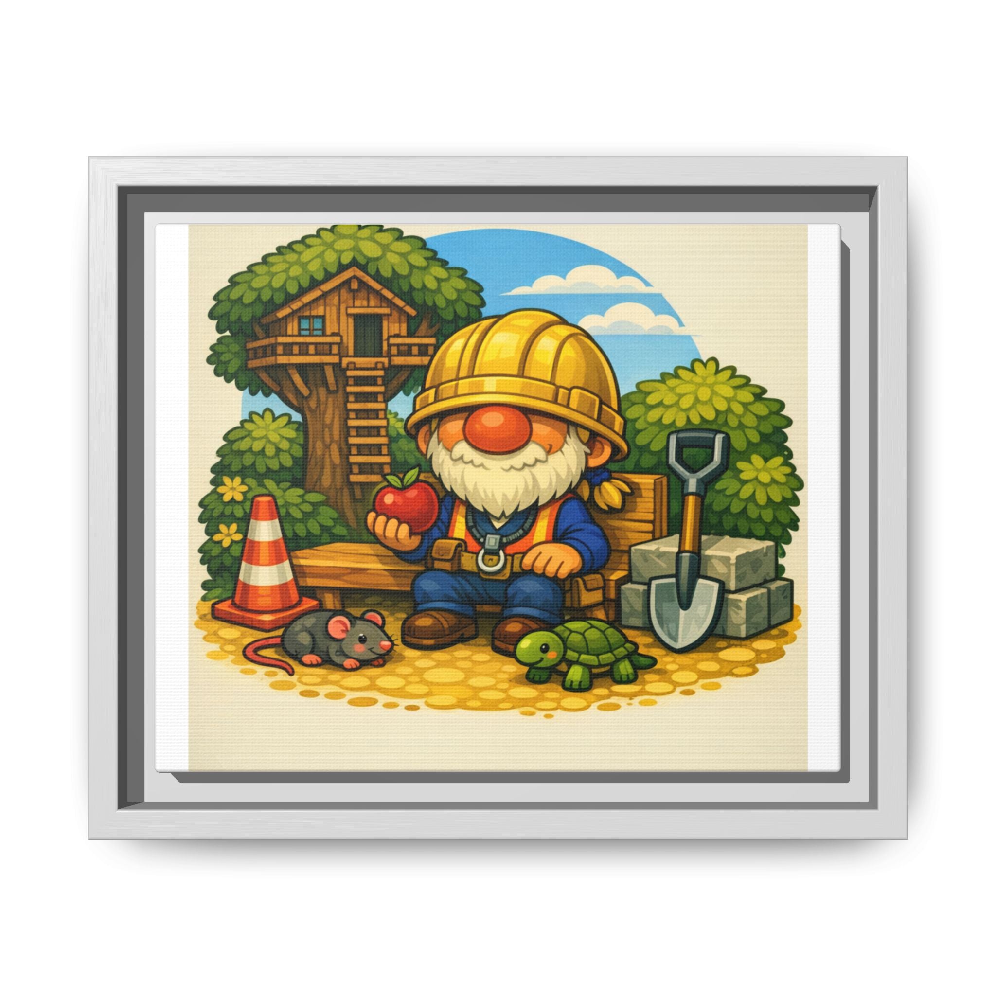 Construction Gnome Boy Matte Framed Canvas Art — Cute Garden Worker Wall Decor