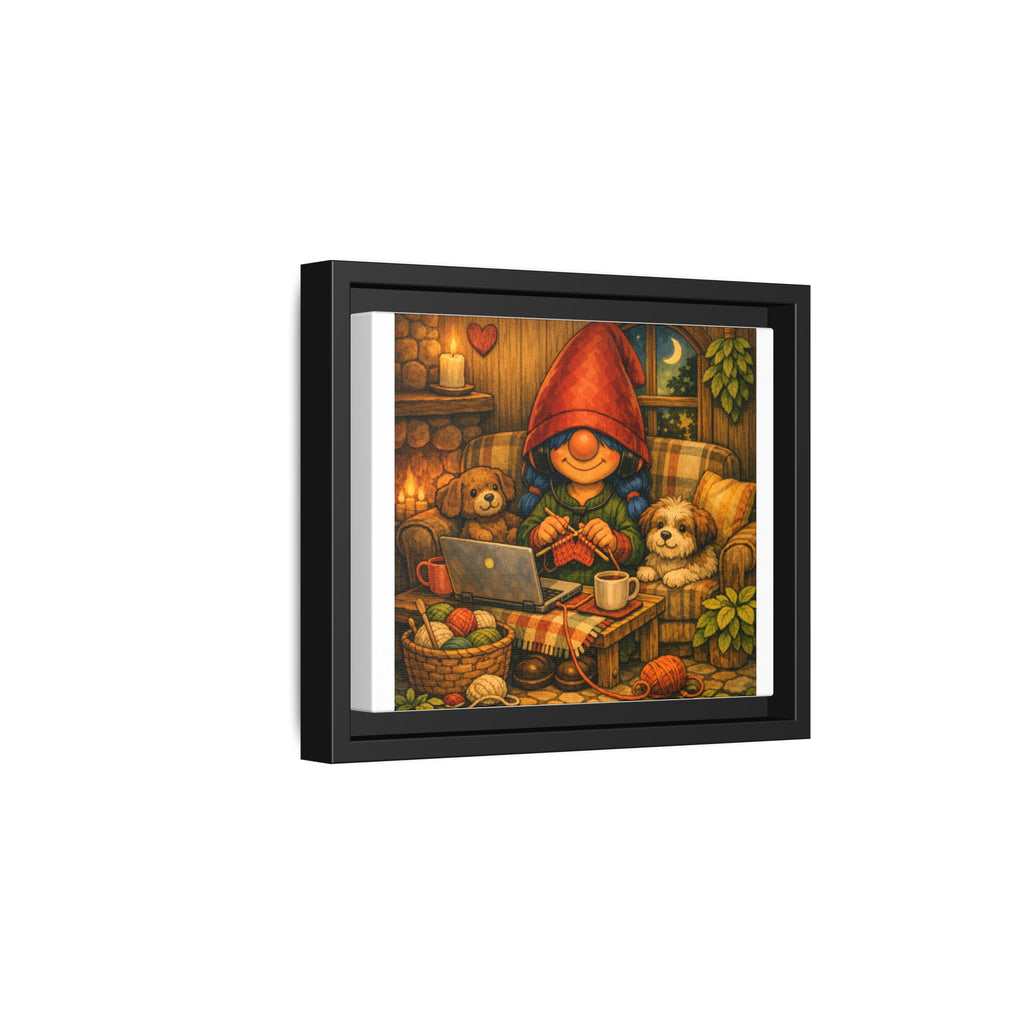 Cozy Girl with Blue Hair Gnome Knitting Night Matte Canvas Print (Framed)
