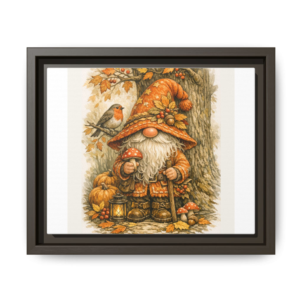 Autumn Gnome Framed Canvas Art – Fall Mushroom & Robin Wall Decor