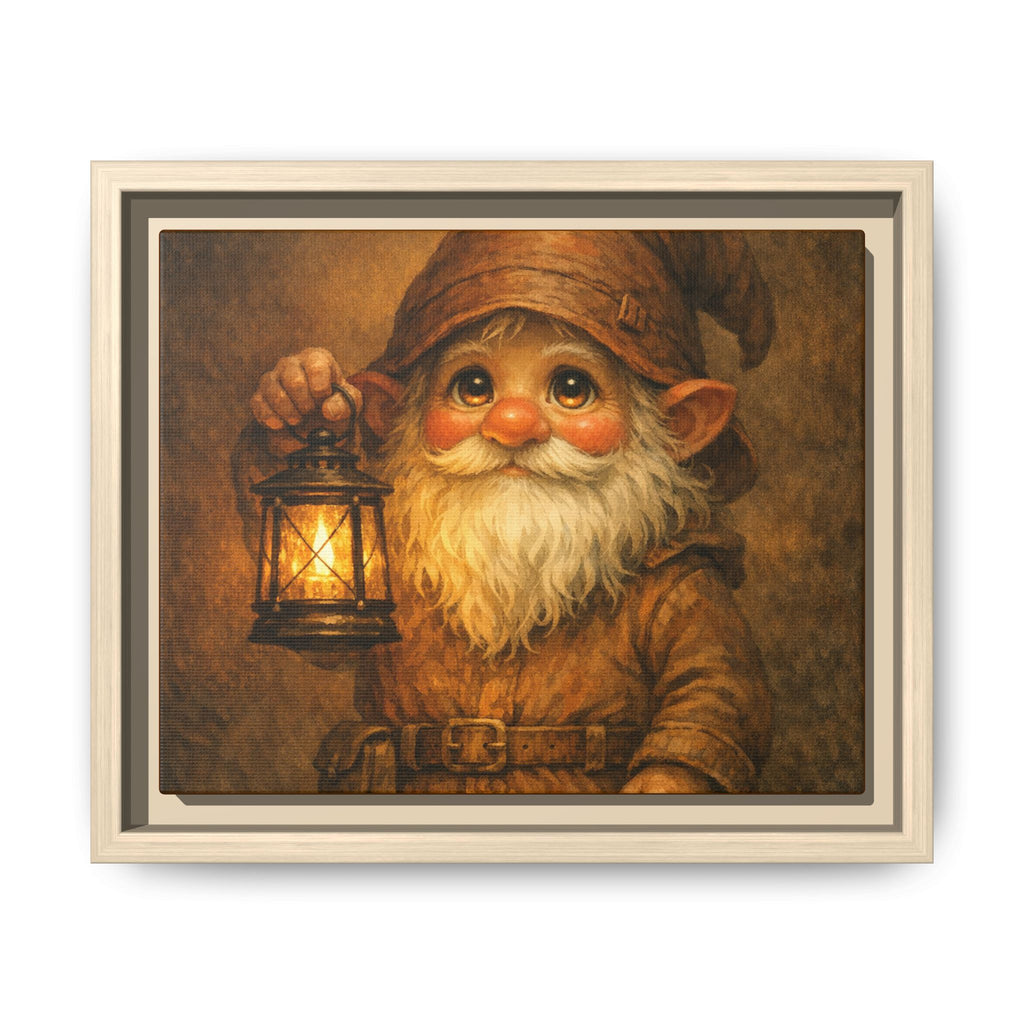 Bright eyes Gnome Lantern Framed Canvas Art — Whimsical Cozy Nursery Wall Decor