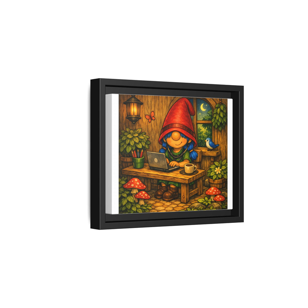 Gnome Girl with Blue Hair Workspace Framed Canvas Art — Cozy Night Cottage Illustration