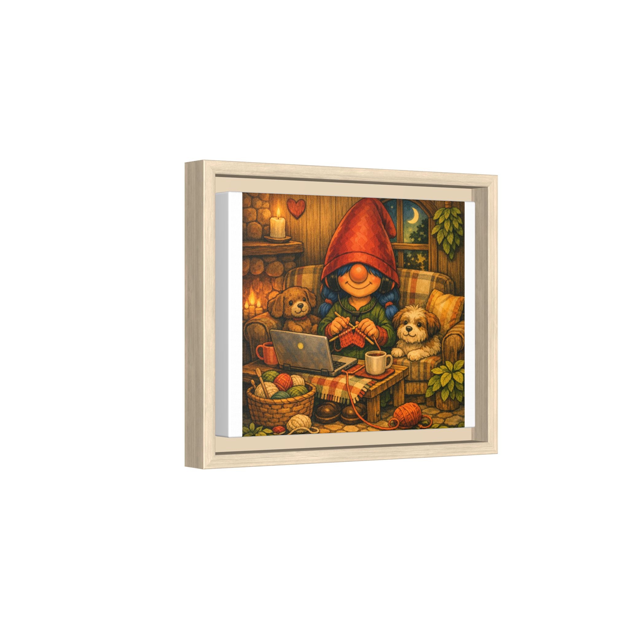 Cozy Girl with Blue Hair Gnome Knitting Night Matte Canvas Print (Framed)