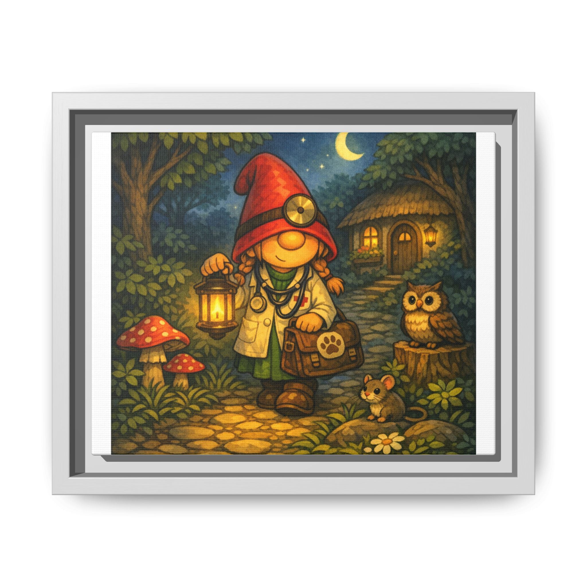 Framed Canvas Art - Whimsical Gnome Girl Vet Lantern Night Scene