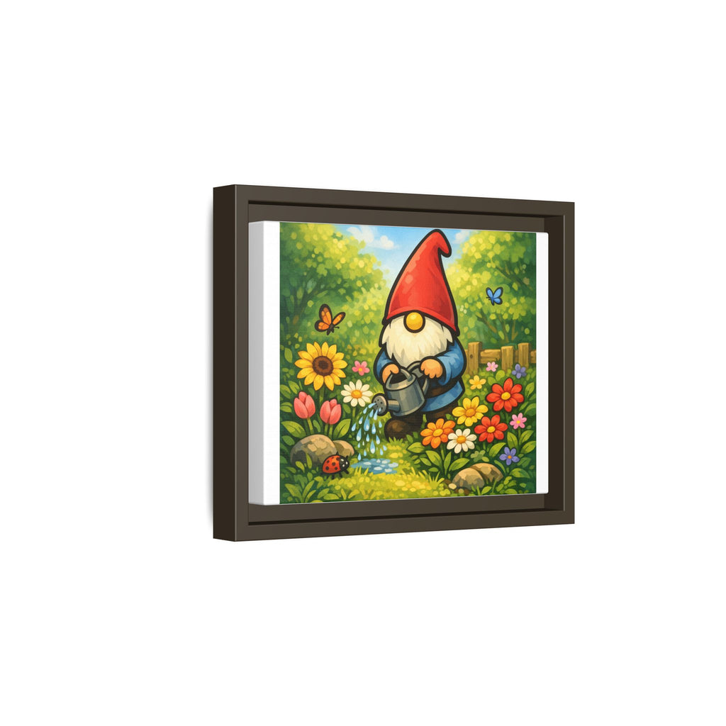 Gnome Watering Flowers Garden Matte Canvas Print (Framed) — Colorful Spring Wall Art