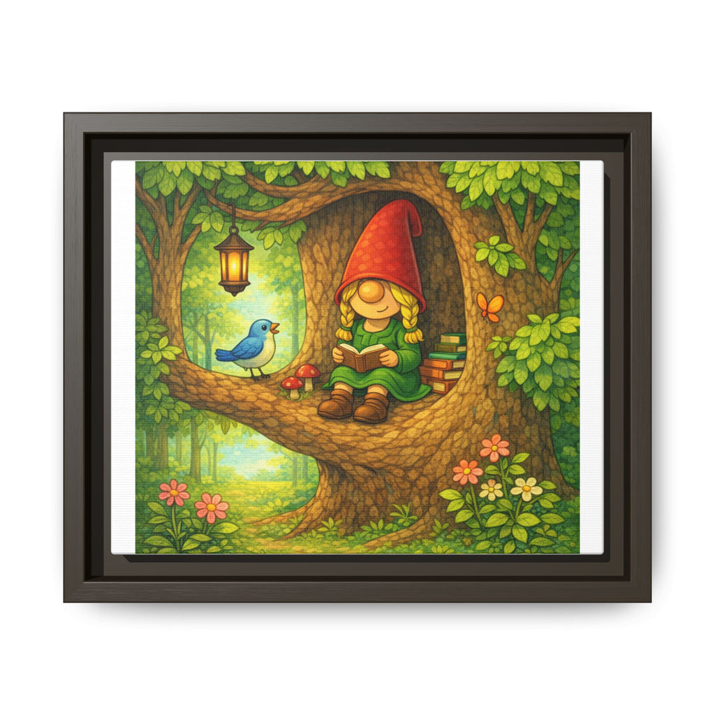 Whimsical Gnome Girl Reading in Tree Matte Canvas Print — Framed Forest Wall Art