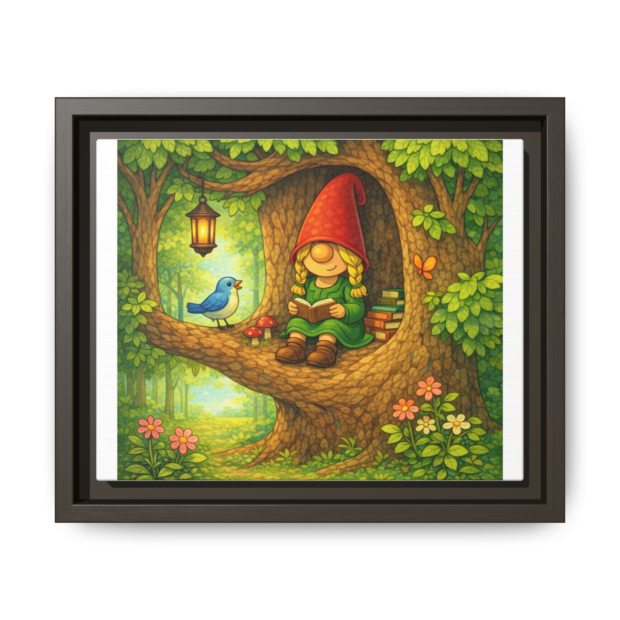 Whimsical Gnome Girl Reading in Tree Matte Canvas Print — Framed Forest Wall Art