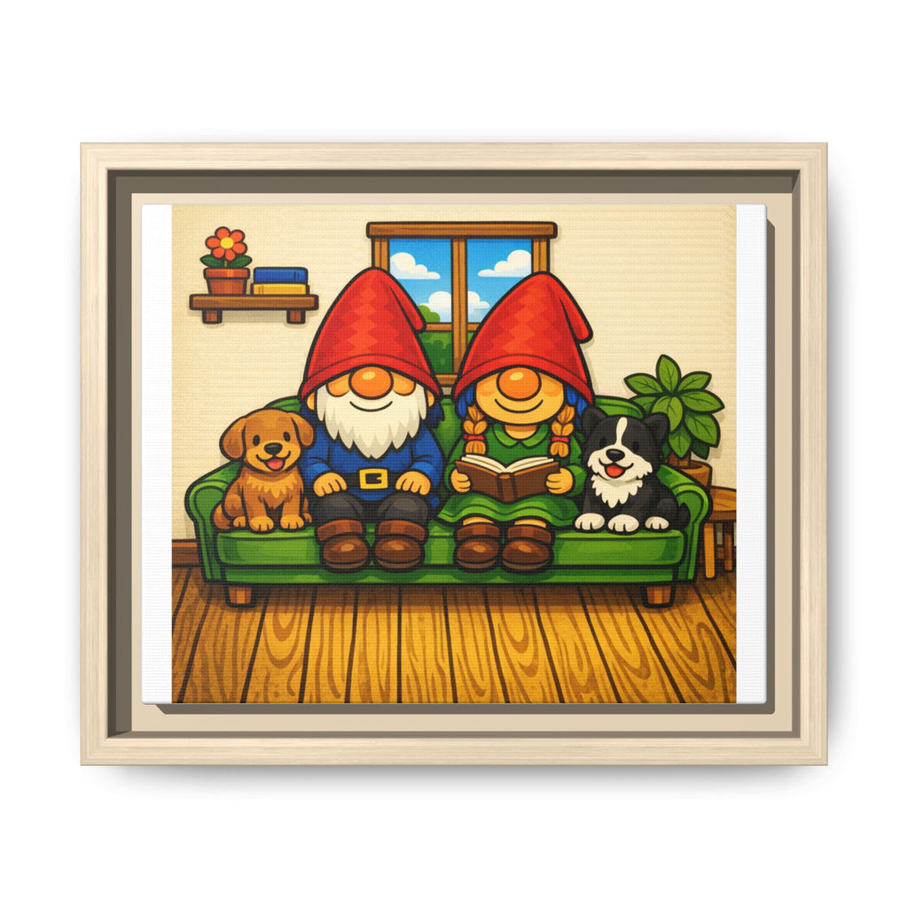 Gnome Family and Puppies Matte Canvas Print — Framed Wall Art with Dogs