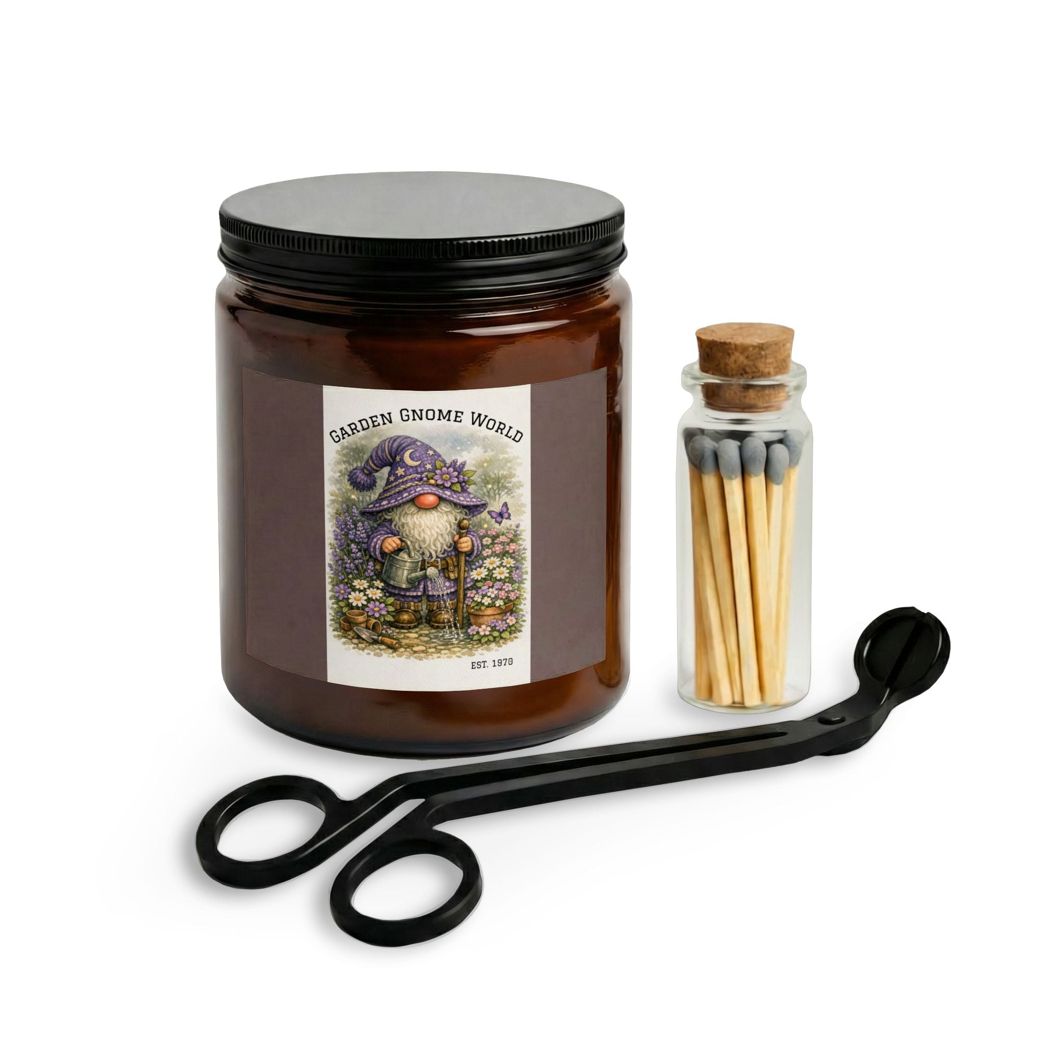 Purple High Hat Garden Gnome Candle Set with Matches & Wick Trimmer — Whimsical Floral Scented Jar