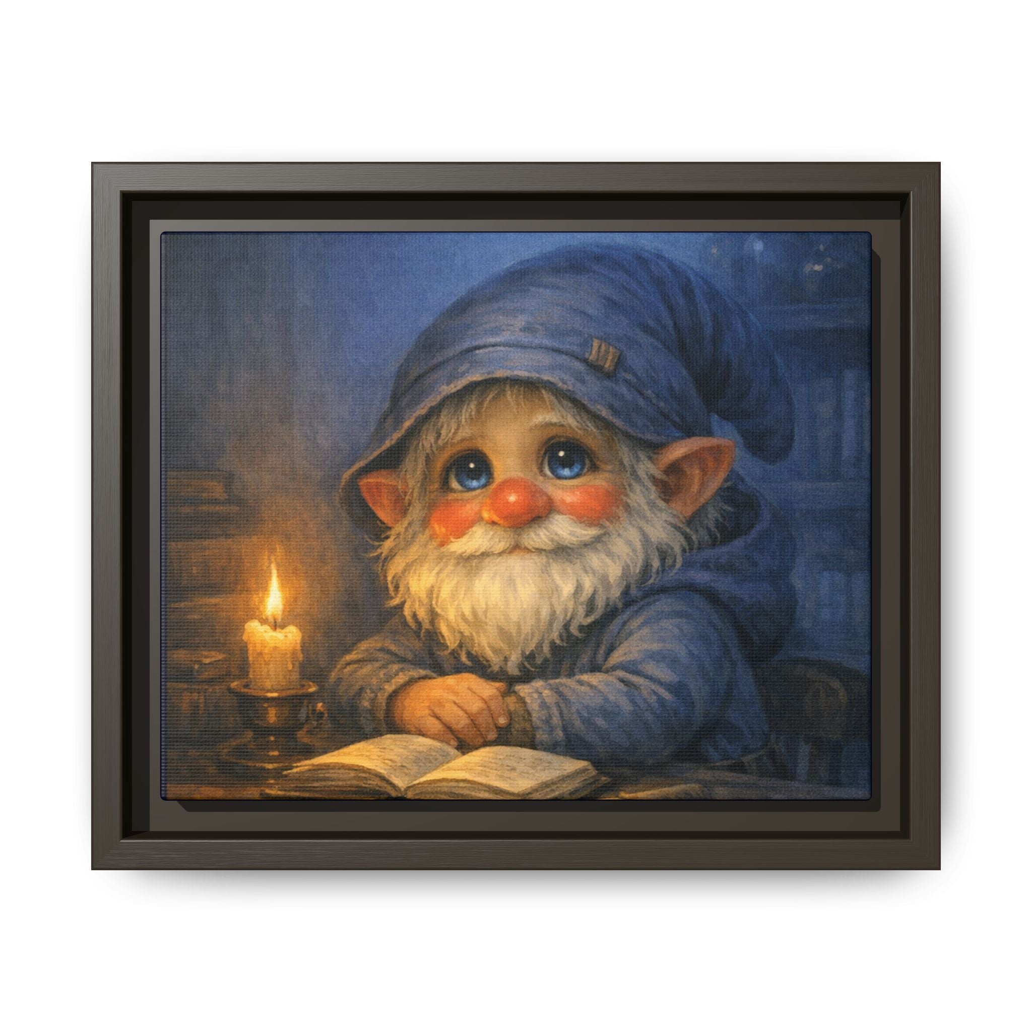 Bright Eyes Reading Gnome Matte Canvas Print — Framed Nursery Wall Art