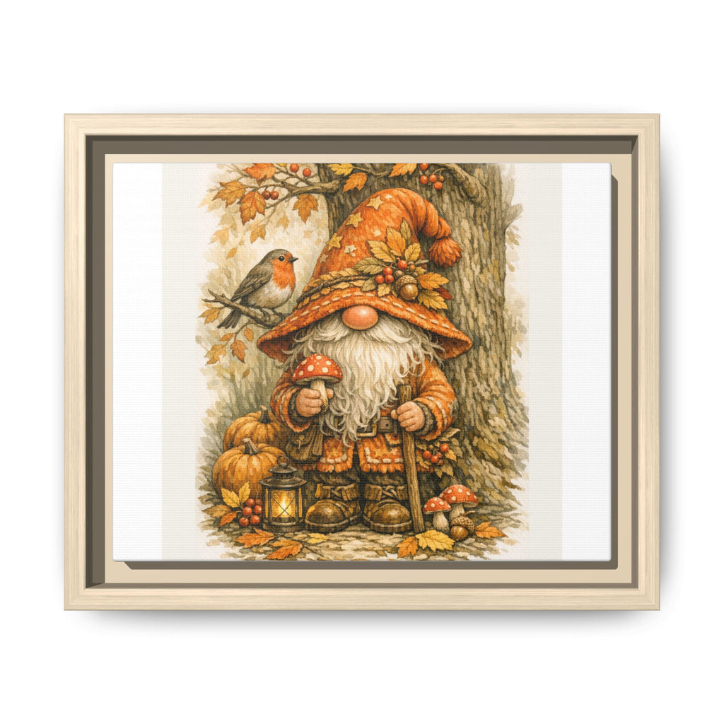 Autumn Gnome Framed Canvas Art – Fall Mushroom & Robin Wall Decor
