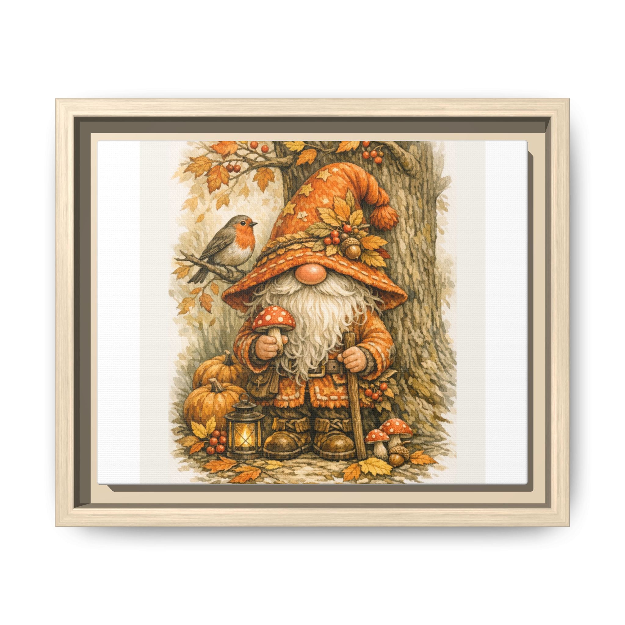 Autumn Gnome Framed Canvas Art – Fall Mushroom & Robin Wall Decor