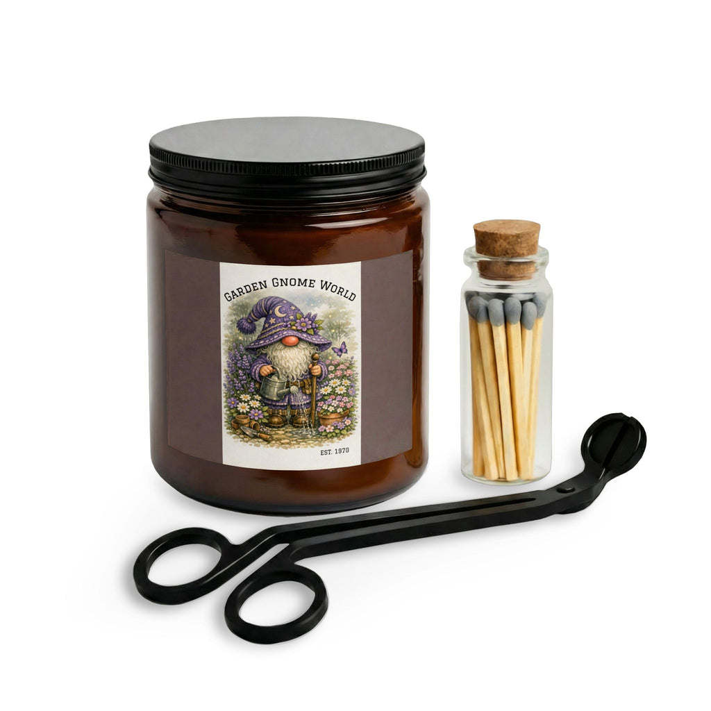 Purple High Hat Garden Gnome Candle Set with Matches & Wick Trimmer — Whimsical Floral Scented Jar