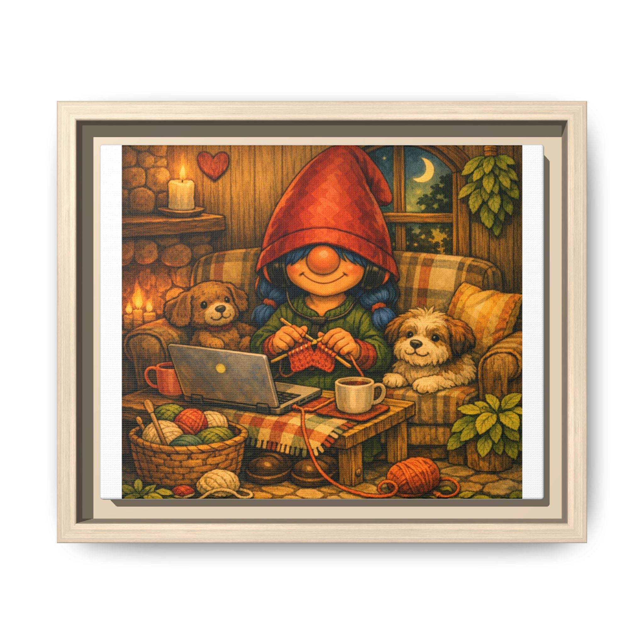 Cozy Girl with Blue Hair Gnome Knitting Night Matte Canvas Print (Framed)
