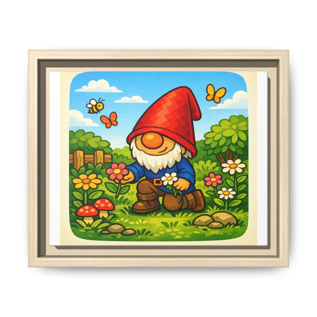 Framed Gnome Boy Garden picking Flowers Matte Canvas Print — Whimsical Woodland Wall Art