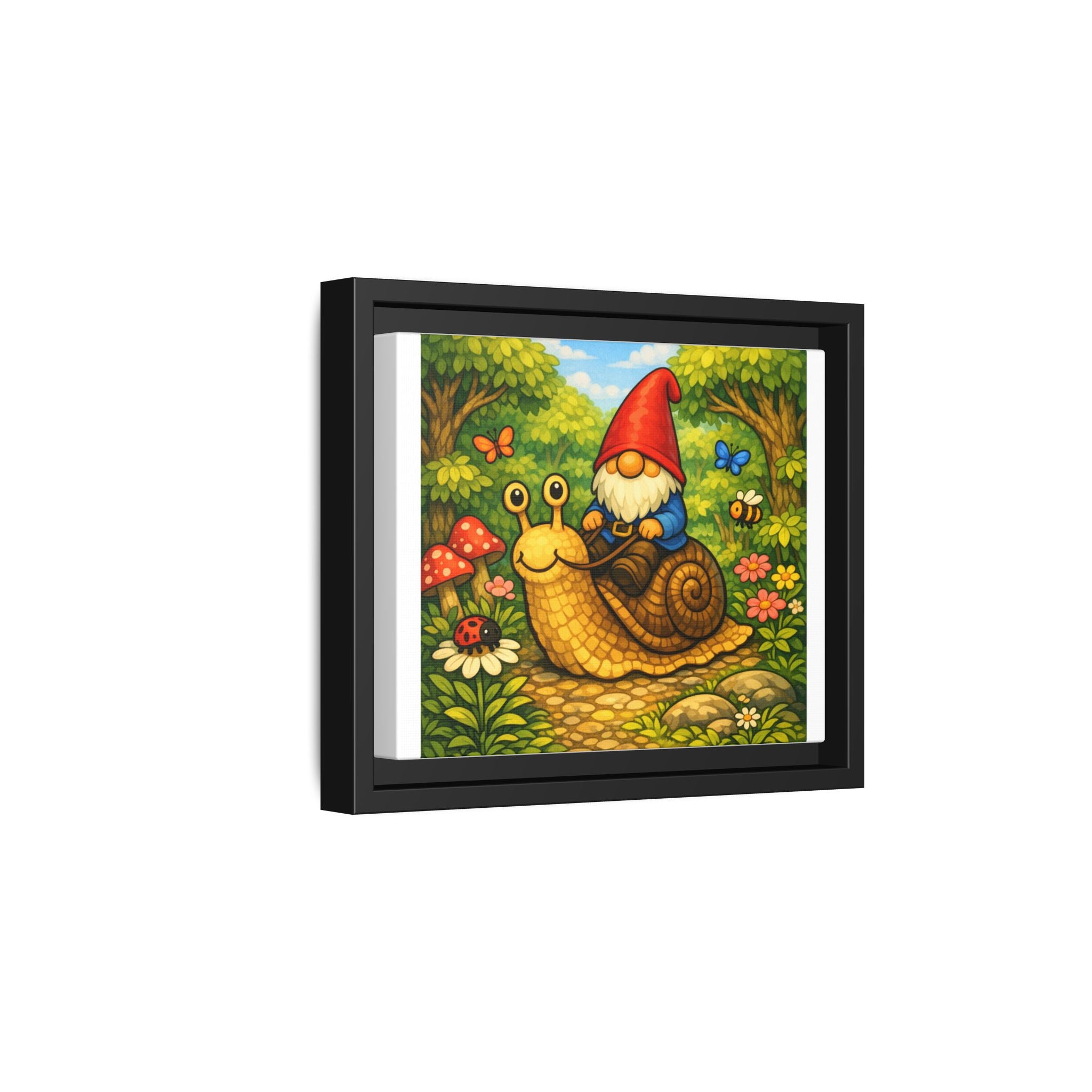 Whimsical Gnome Riding Snail Framed Canvas Print