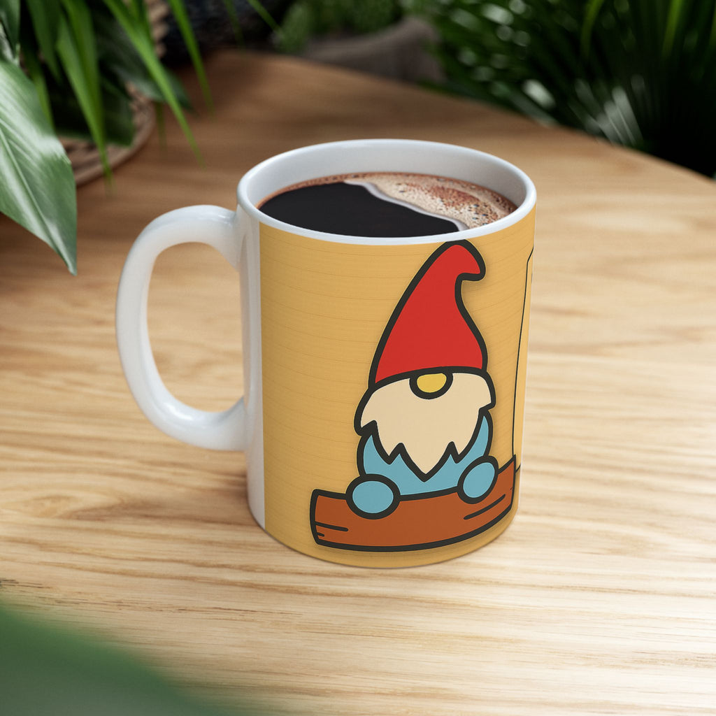 Mug with a gnome design on a wooden table