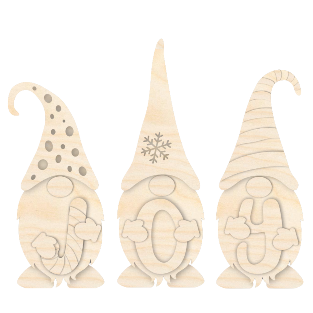 Three unfinished wooden gnome shelf sitters holding the letters J, O and Y, with dotted, snowflake and striped hats.