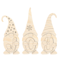 Three unfinished wooden gnome shelf sitters holding the letters J, O and Y, with dotted, snowflake and striped hats.
