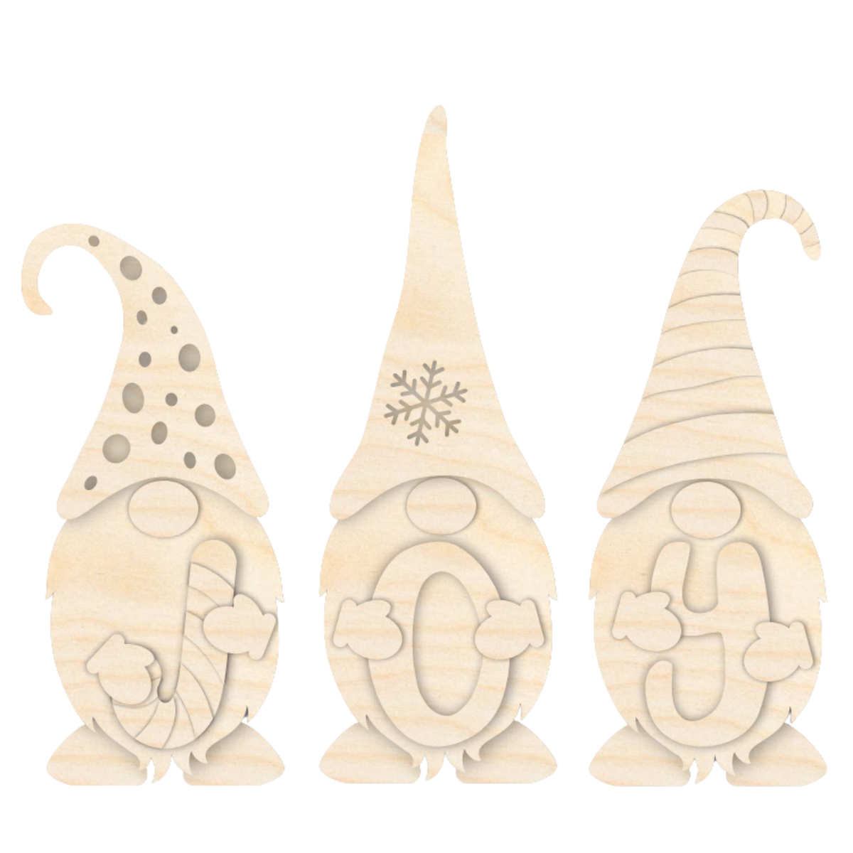 Three unfinished wooden gnome shelf sitters holding the letters J, O and Y, with dotted, snowflake and striped hats.