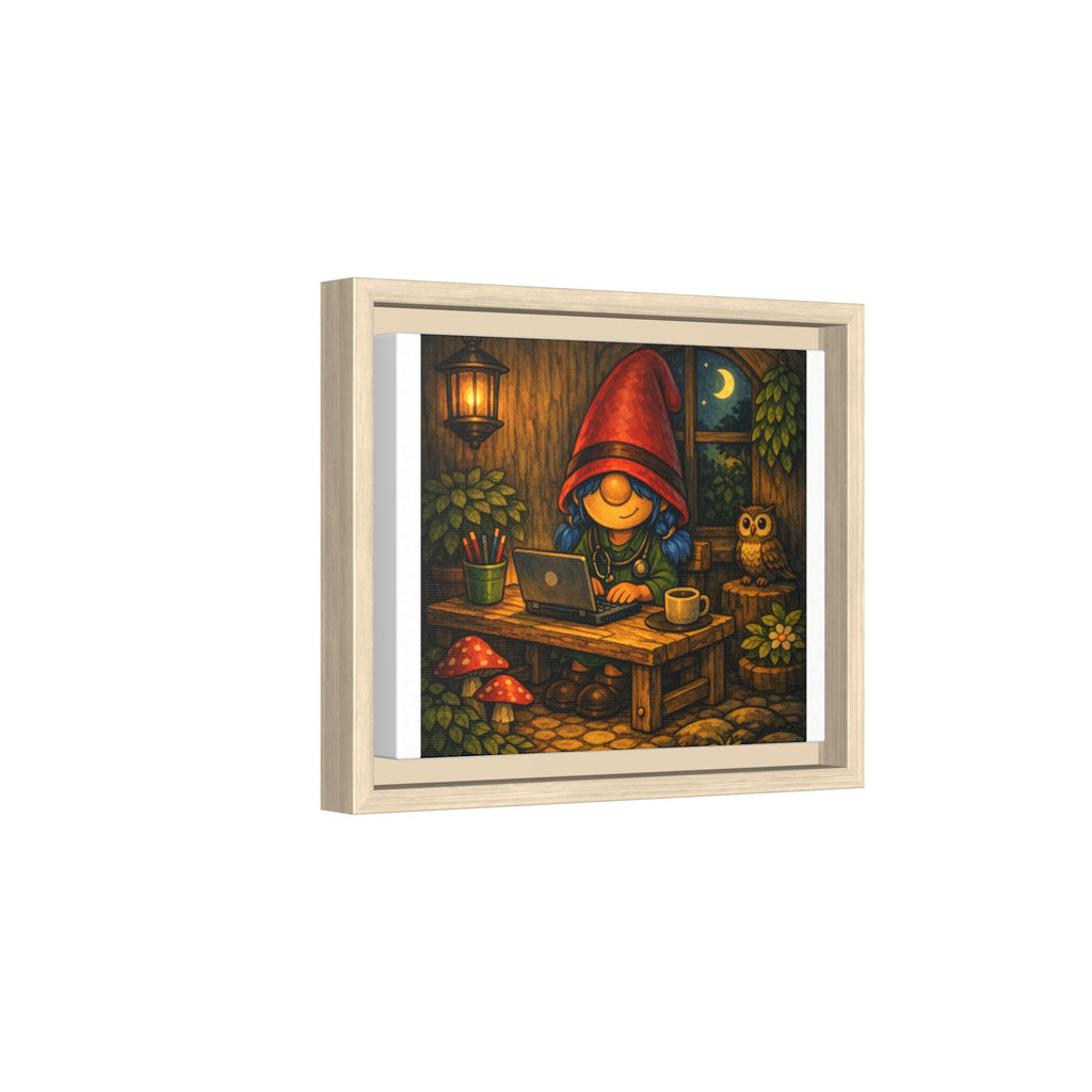 Cozy Gnome Girl with blue Hair Nightscape Framed Canvas Print