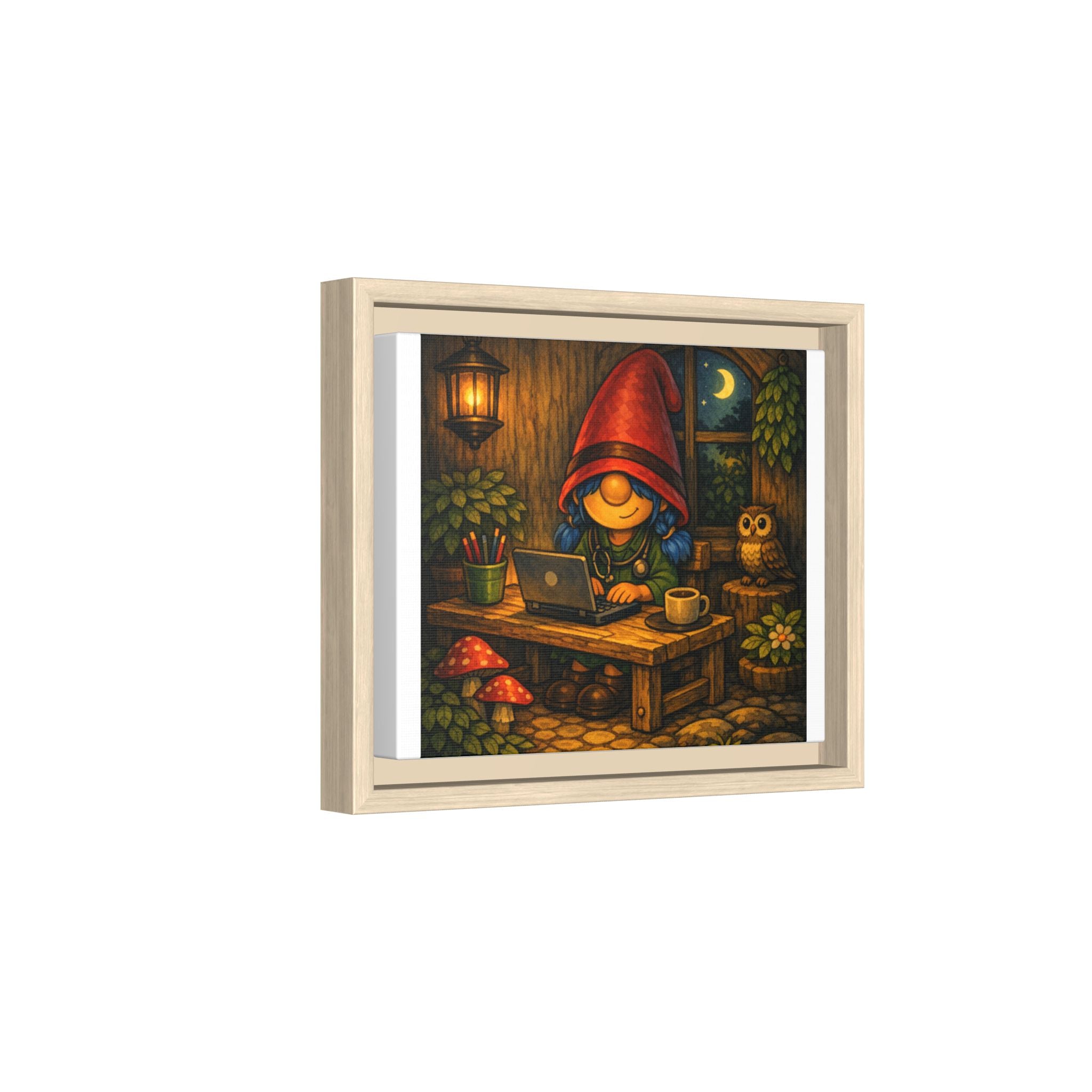Cozy Gnome Girl with blue Hair Nightscape Framed Canvas Print