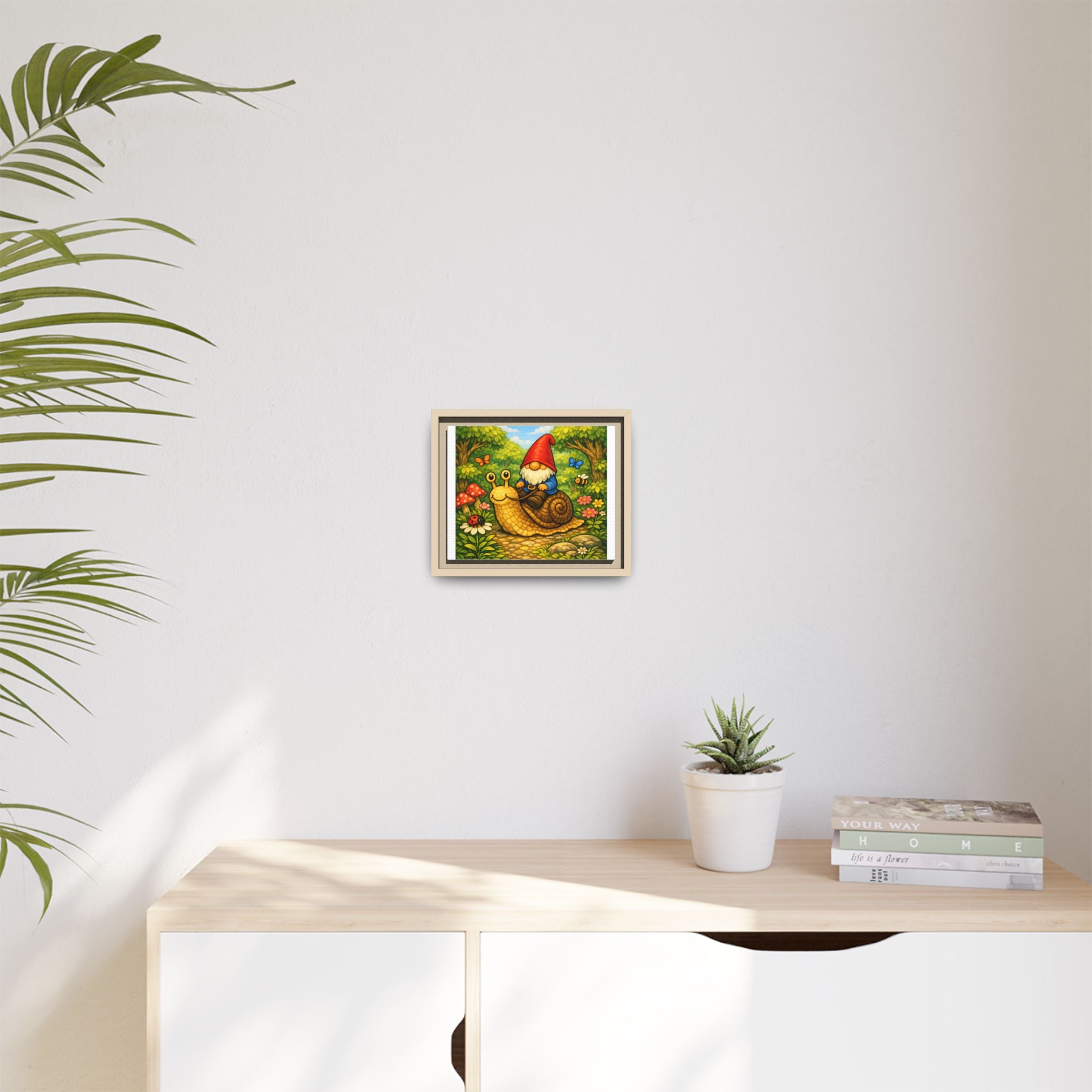 Whimsical Gnome Riding Snail Framed Canvas Print