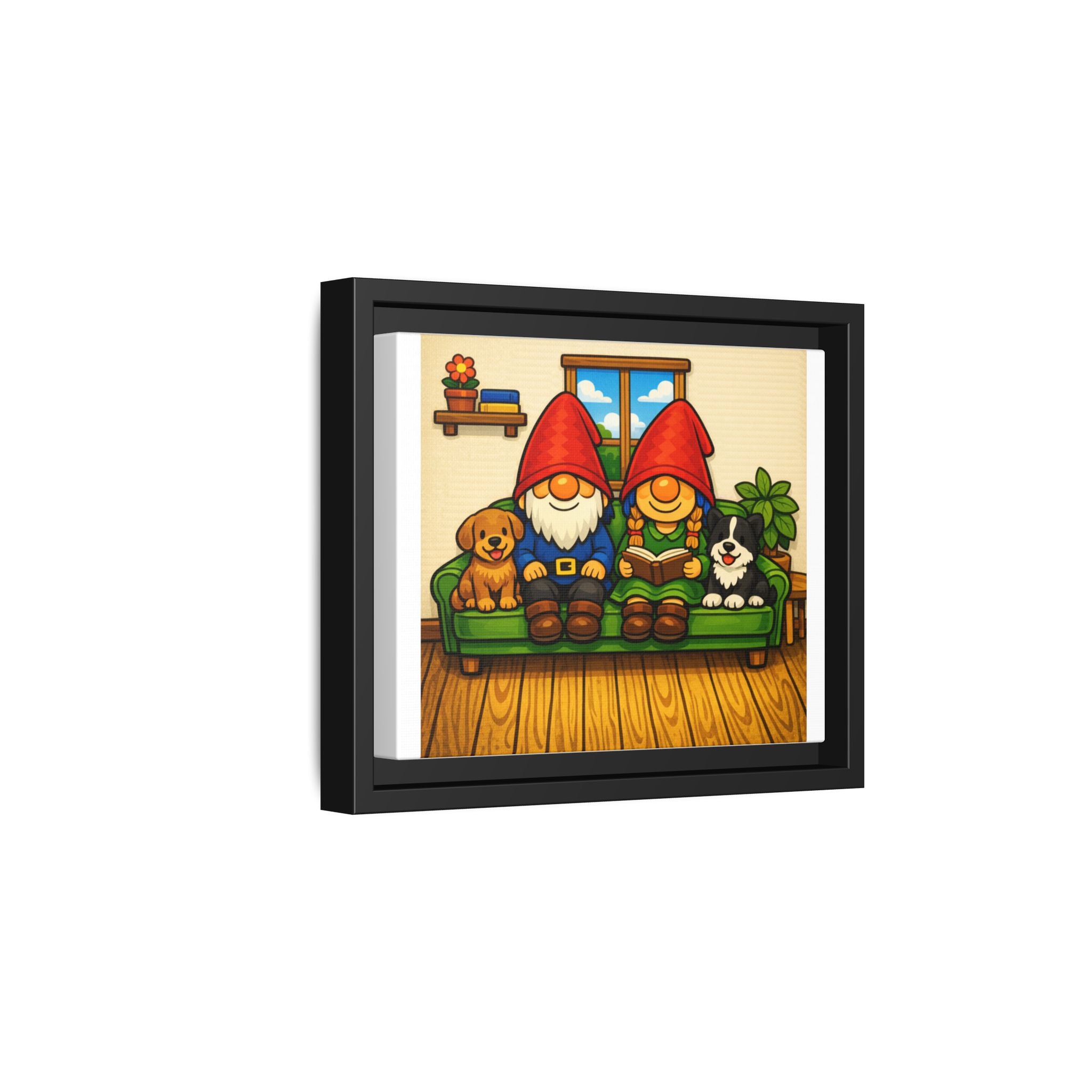 Gnome Family and Puppies Matte Canvas Print — Framed Wall Art with Dogs