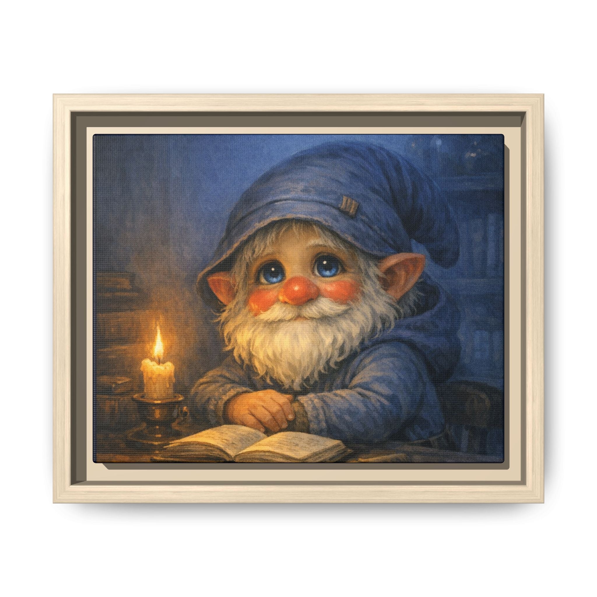 Bright Eyes Reading Gnome Matte Canvas Print — Framed Nursery Wall Art