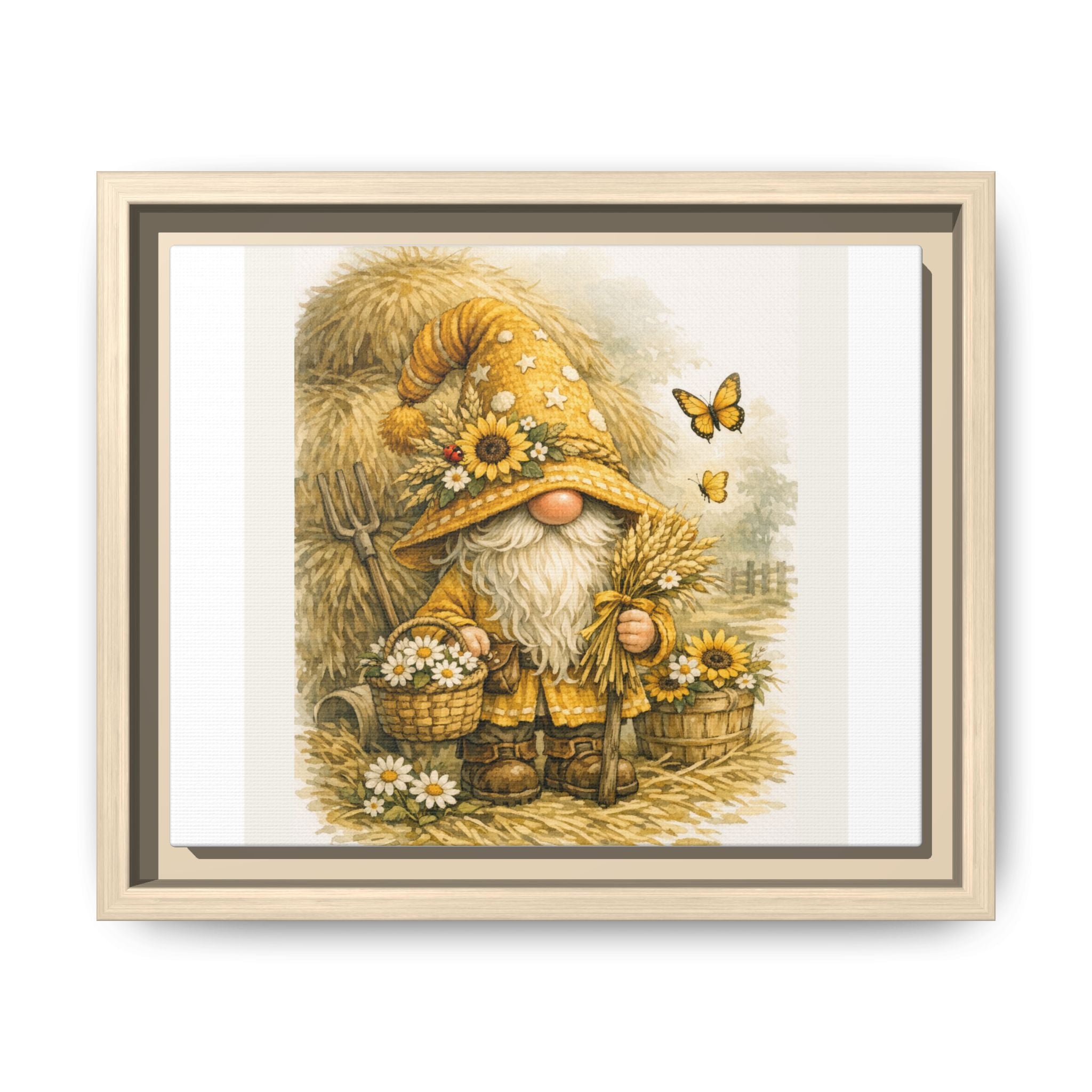 High Hat Sunflower Gnome Framed Canvas Print — Rustic Autumn Wall Art